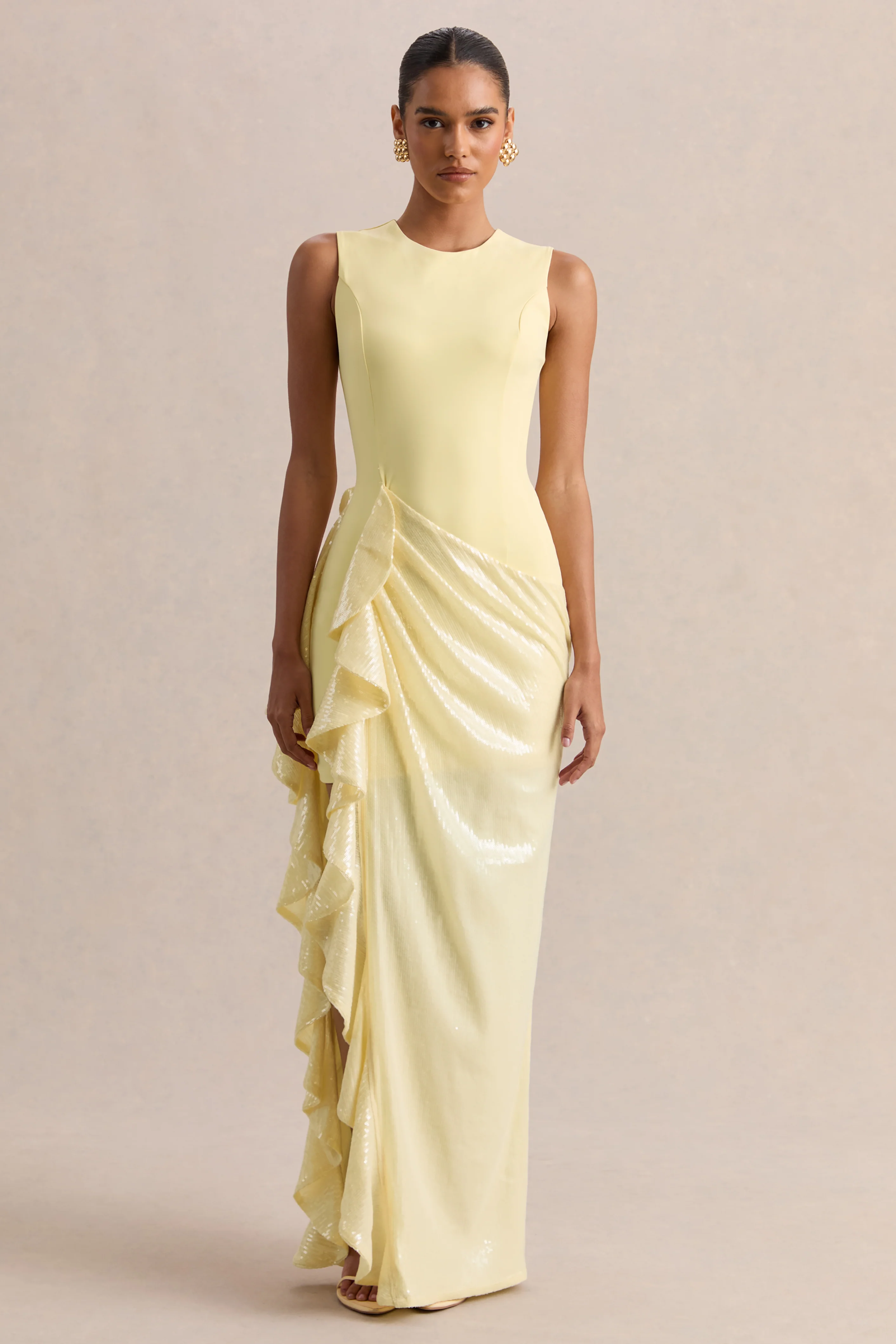 Ada | Robe longue citron à encolure ronde avec jupe transparente et détails à volants