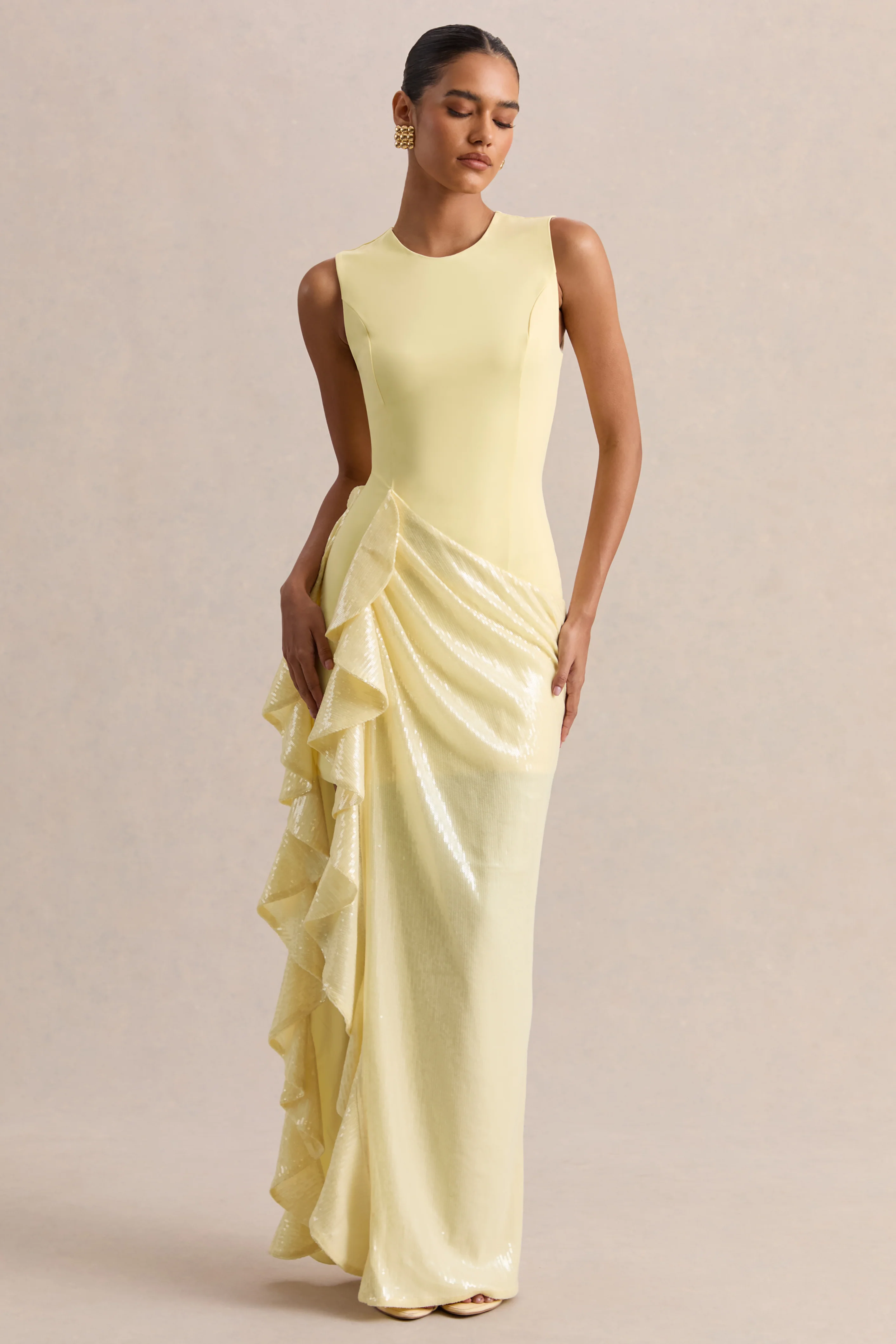 Ada | Robe longue citron à encolure ronde avec jupe transparente et détails à volants - Image 5