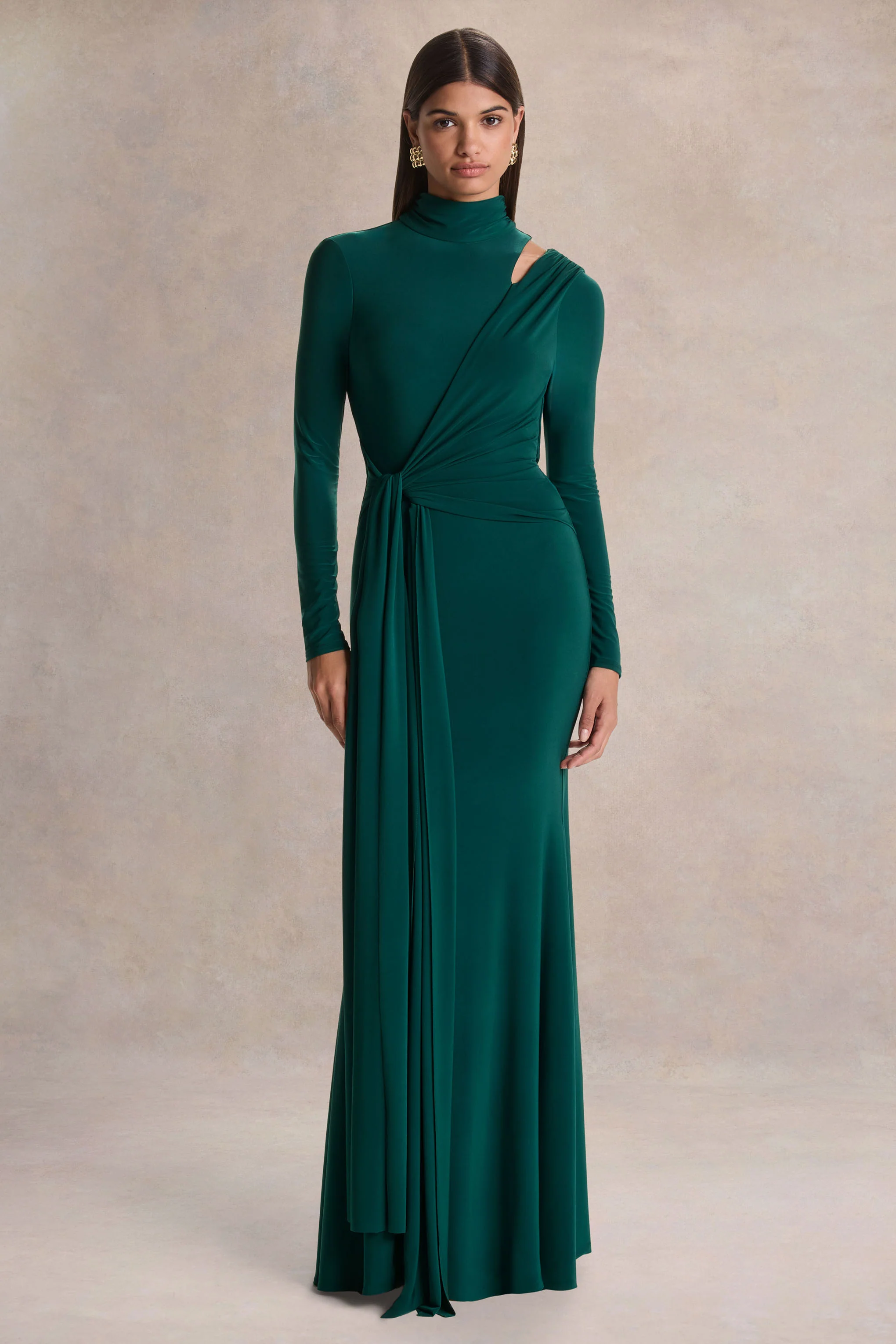 Alastrina | Robe longue à col montant vert foncé avec détails froncés