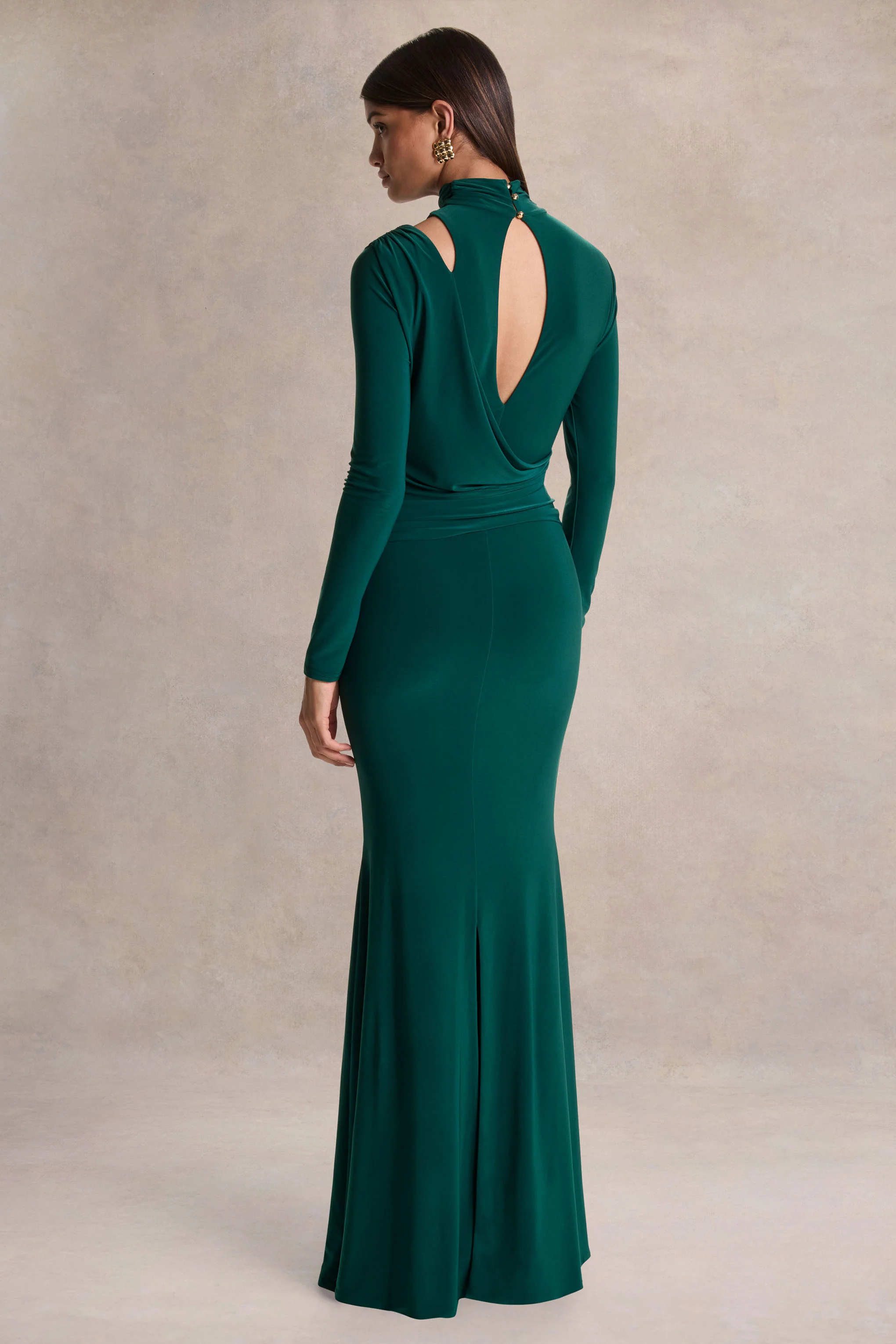 Alastrina | Robe longue à col montant vert foncé avec détails froncés - Image 2