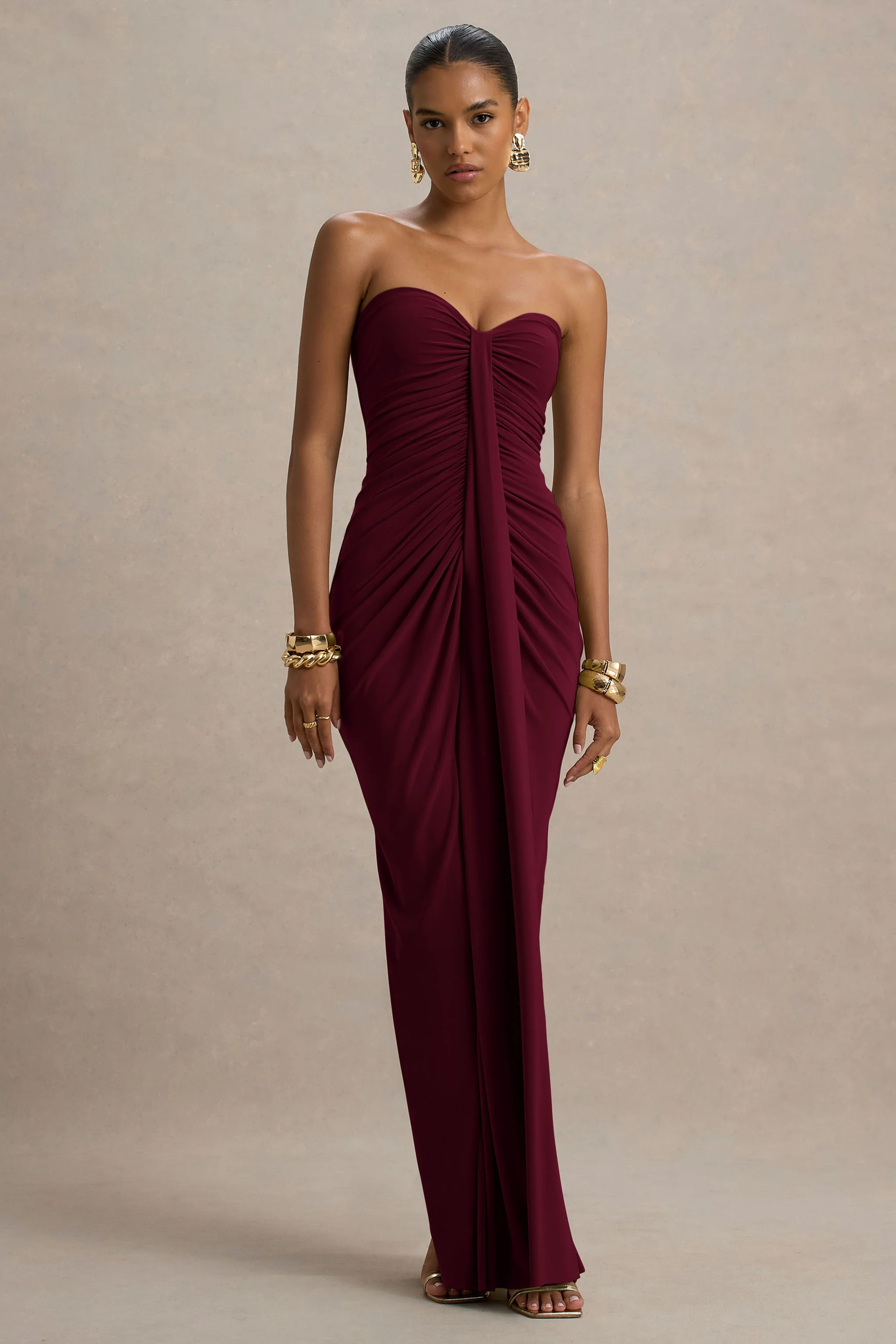 Ali | Robe Longue Bordeaux à Décolleté Cœur Froncé avec Détail Drapé - Image 3