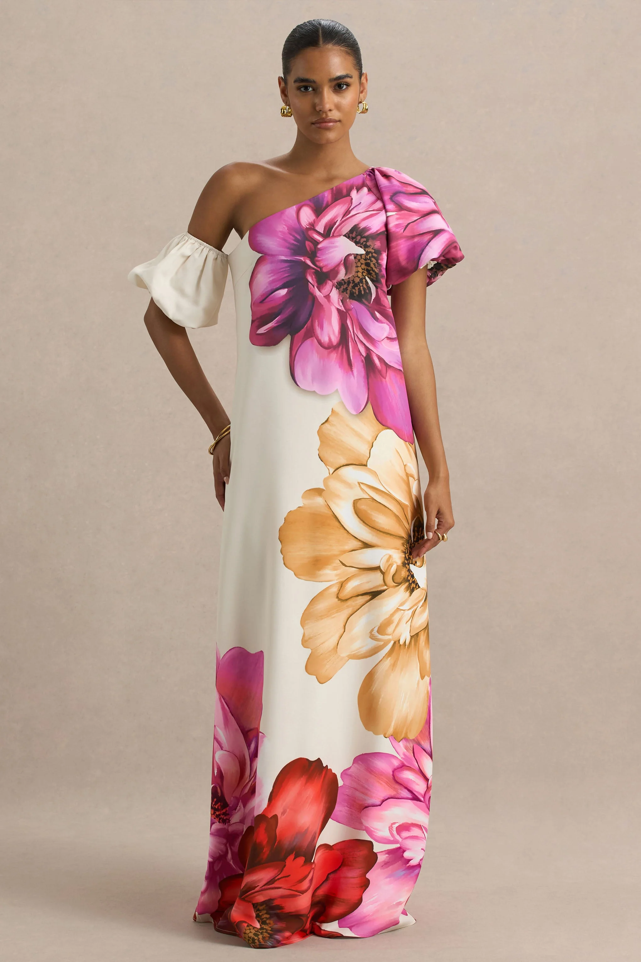 Anastasia | Robe Longue Asymétrique à Grand Imprimé Floral avec Détail Froncé - Image 4