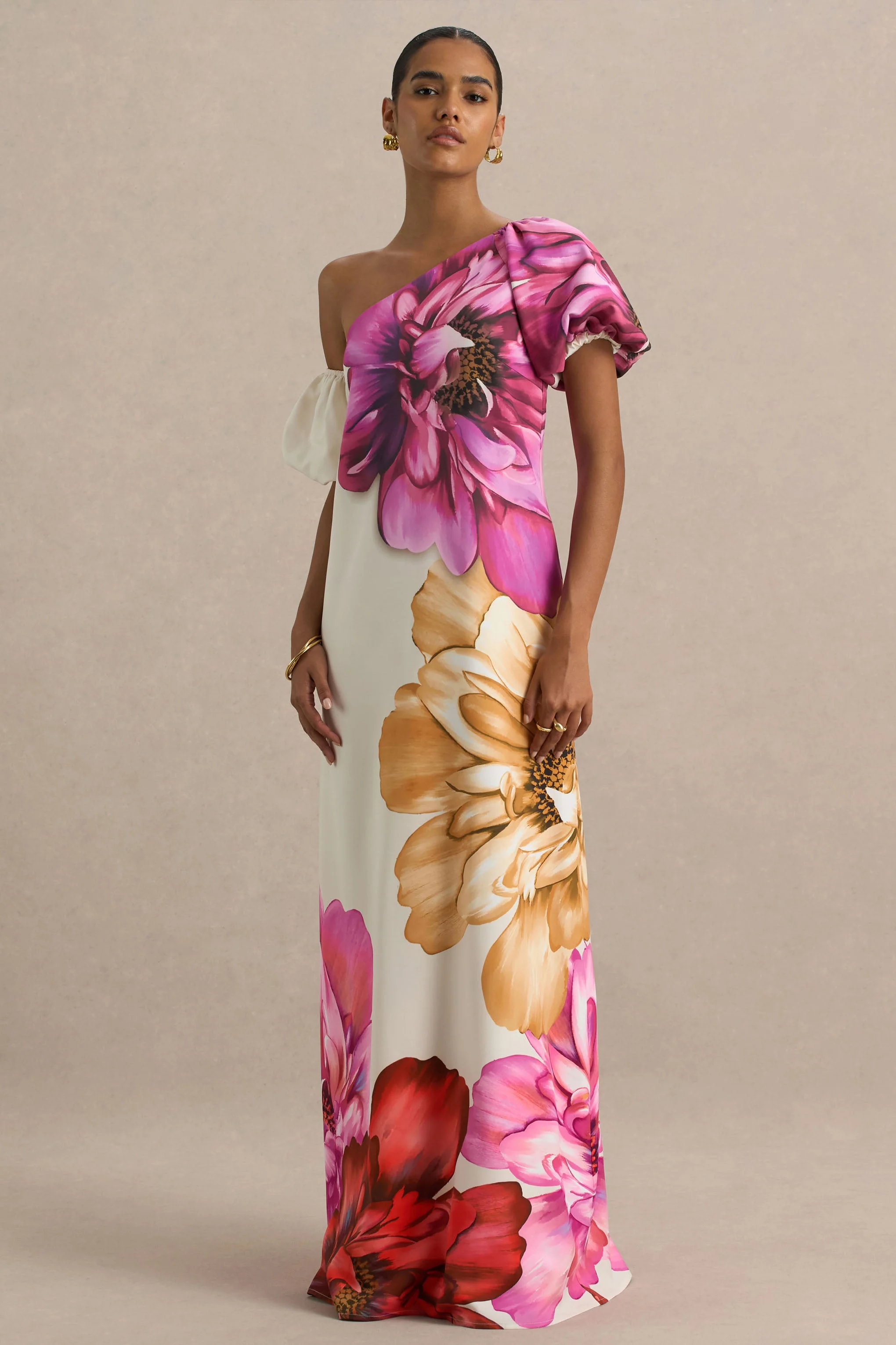Anastasia | Robe Longue Asymétrique à Grand Imprimé Floral avec Détail Froncé - Image 5