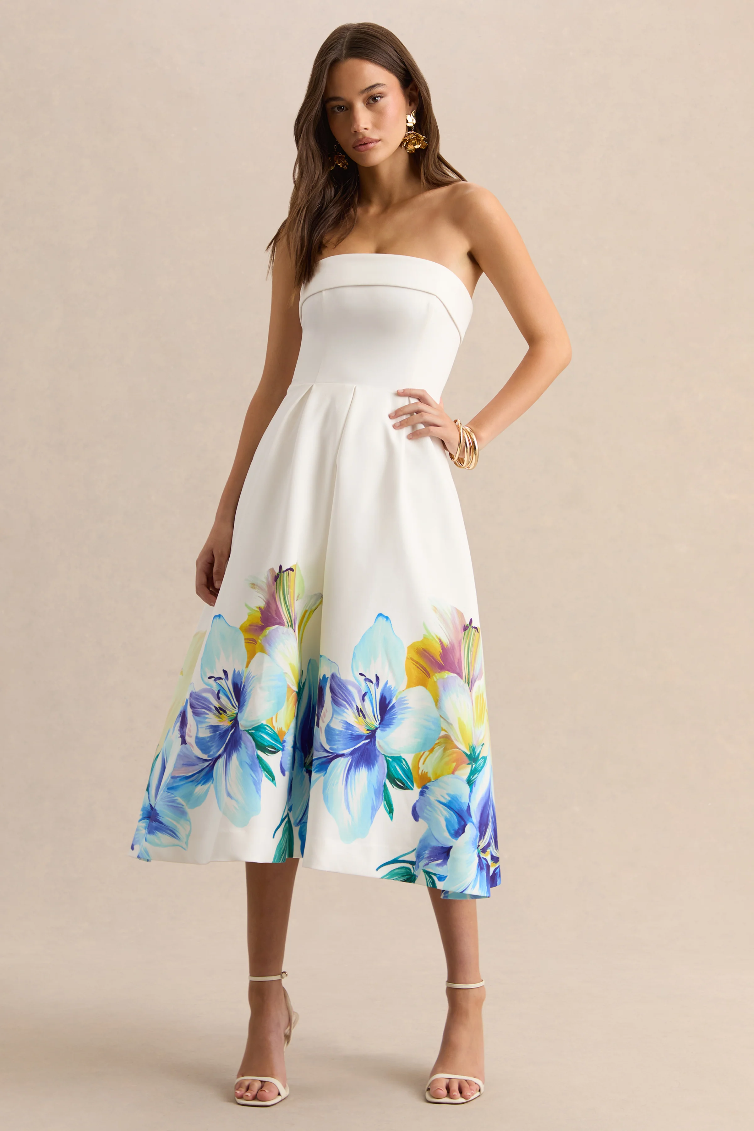 Annalise | Robe mi-longue patineuse bandeau à imprimé floral bordure bleu et jaune