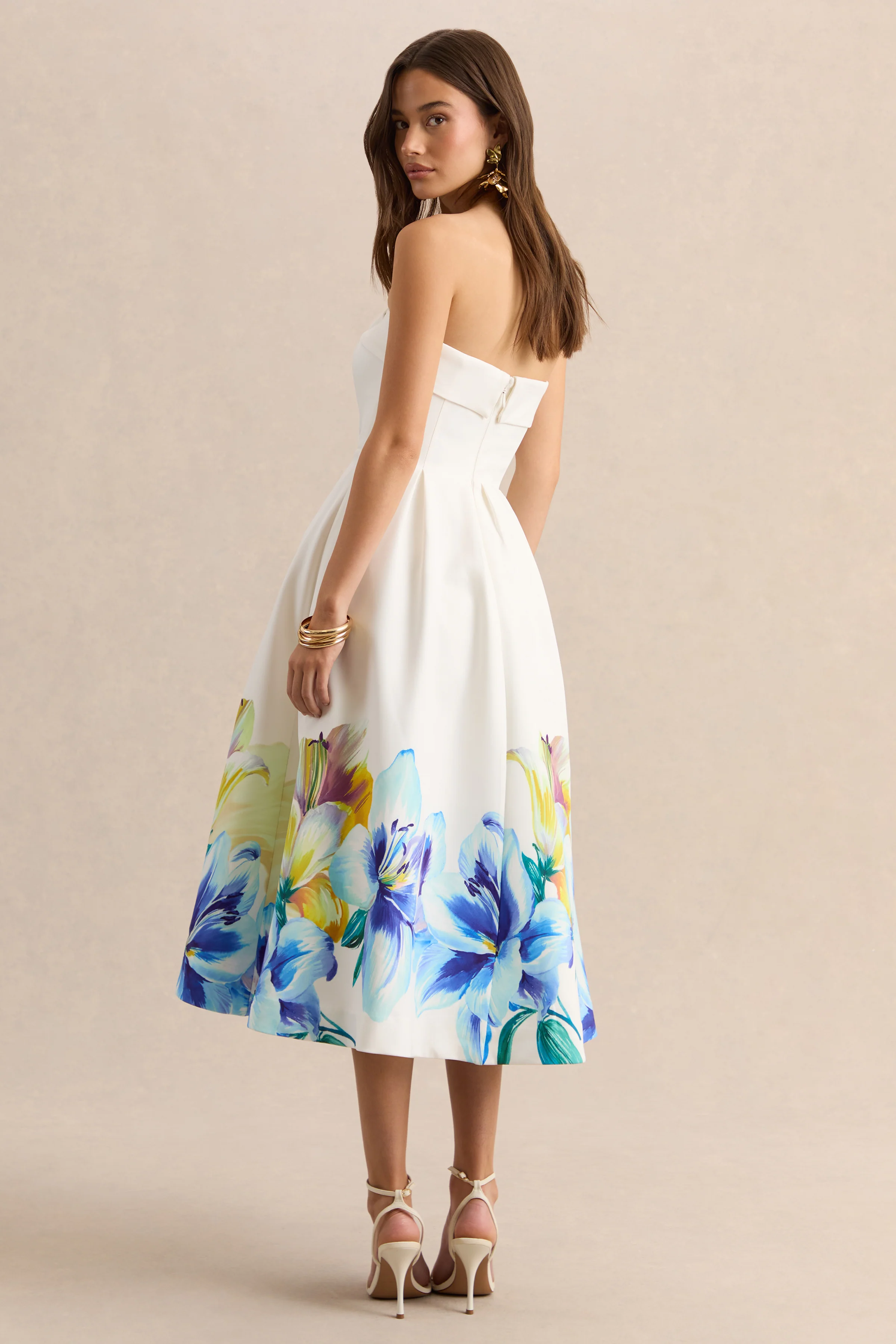 Annalise | Robe mi-longue patineuse bandeau à imprimé floral bordure bleu et jaune - Image 2