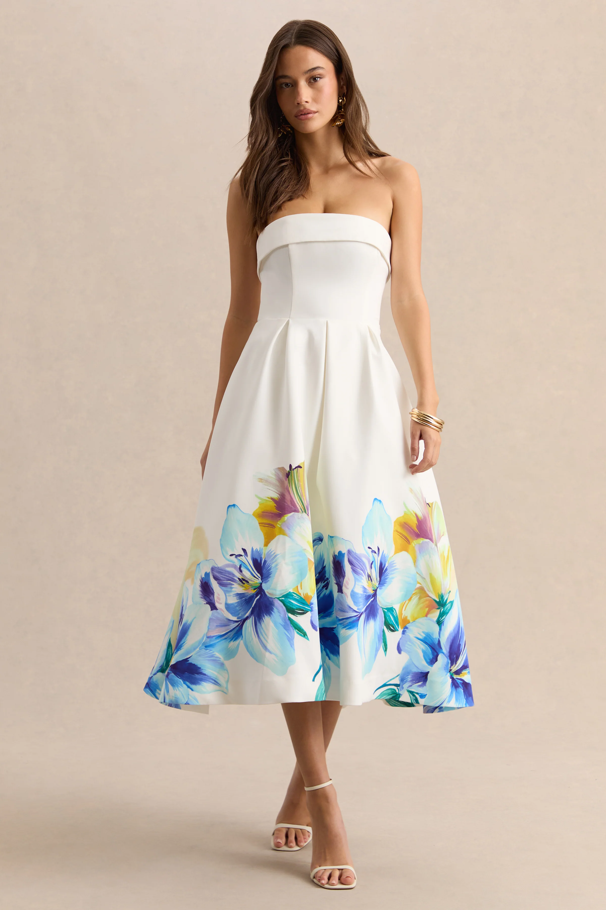 Annalise | Robe mi-longue patineuse bandeau à imprimé floral bordure bleu et jaune - Image 4