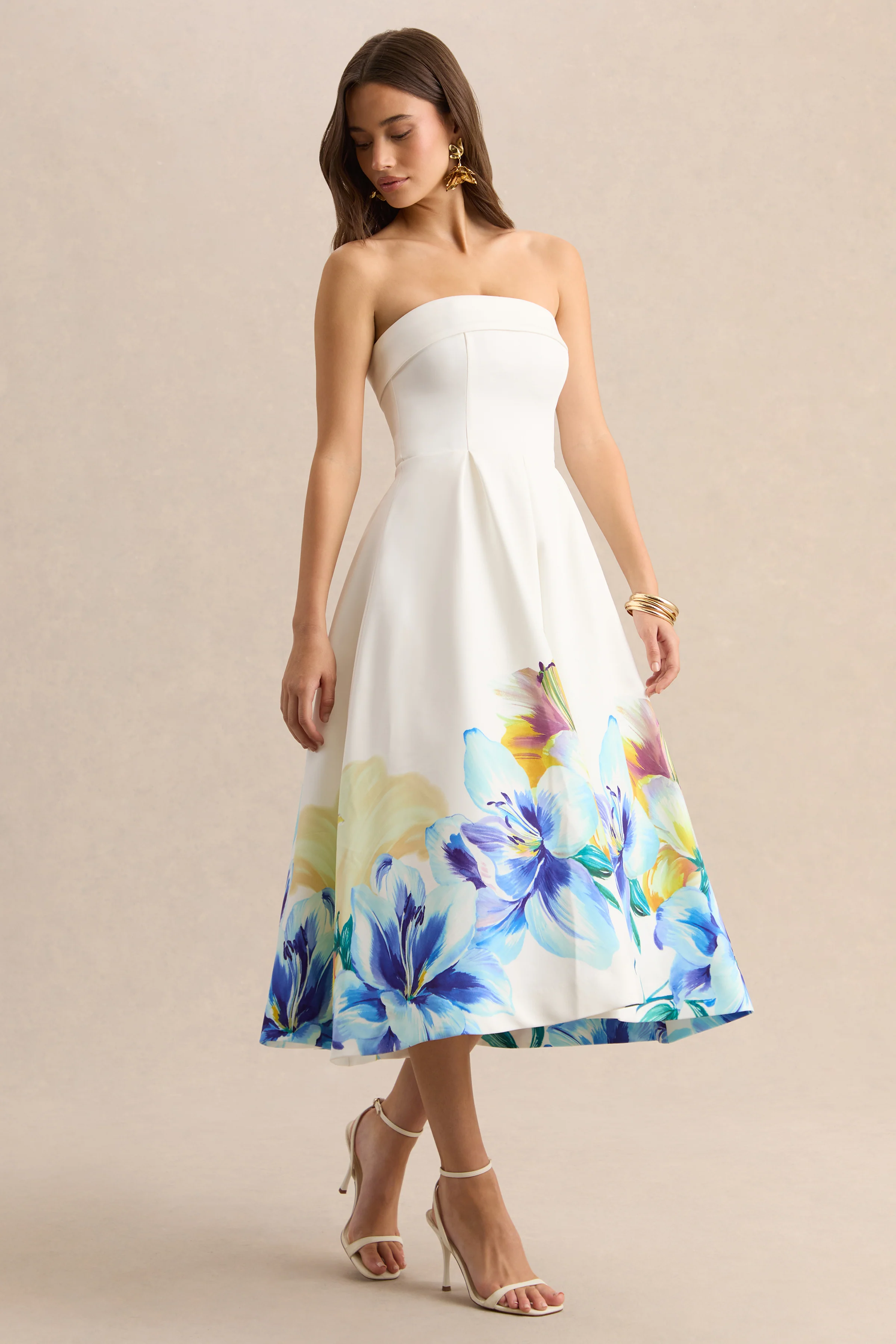 Annalise | Robe mi-longue patineuse bandeau à imprimé floral bordure bleu et jaune - Image 5