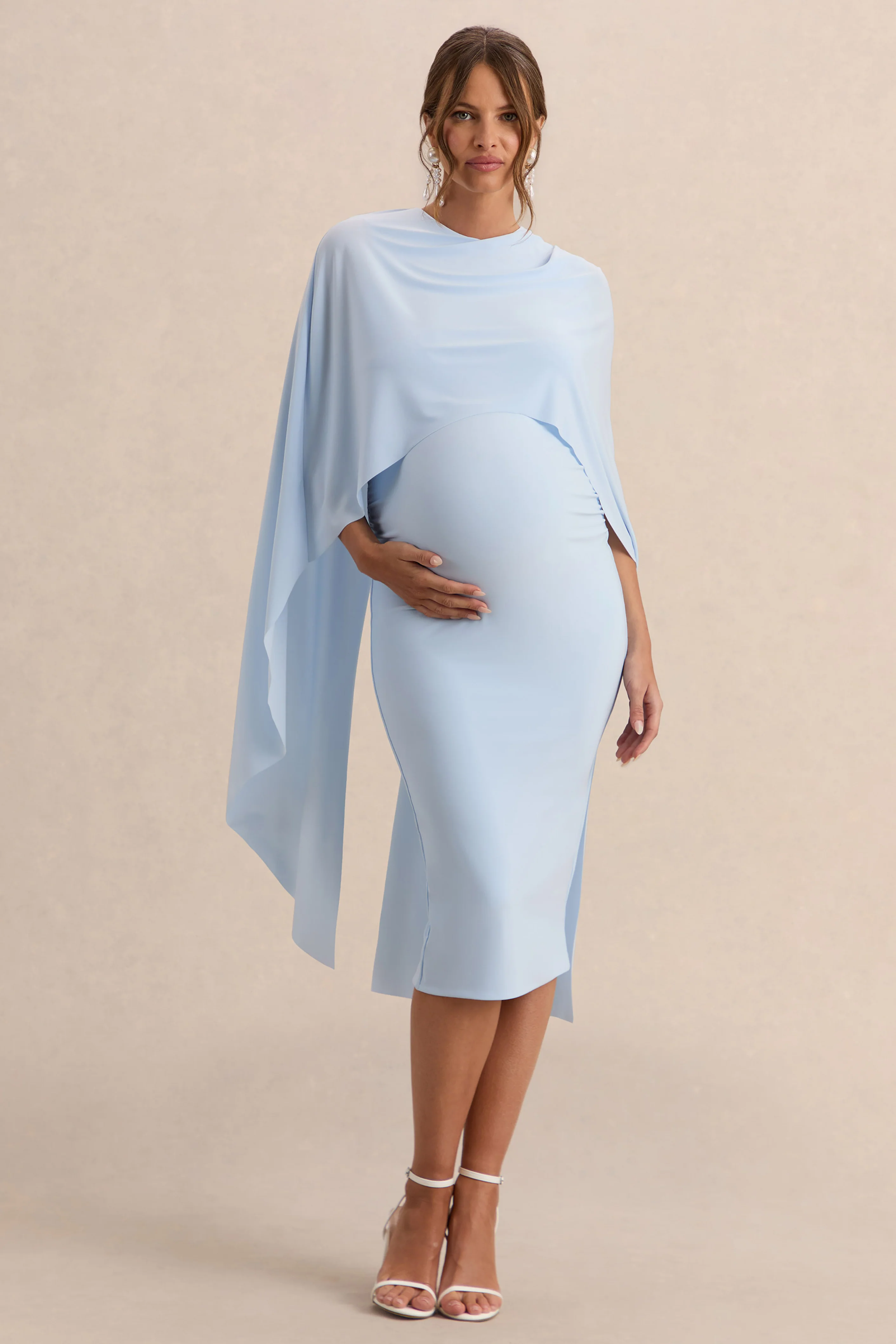 Arwen | Robe de grossesse mi-longue bleu poudré à encolure ronde avec détail de cape - Image 4