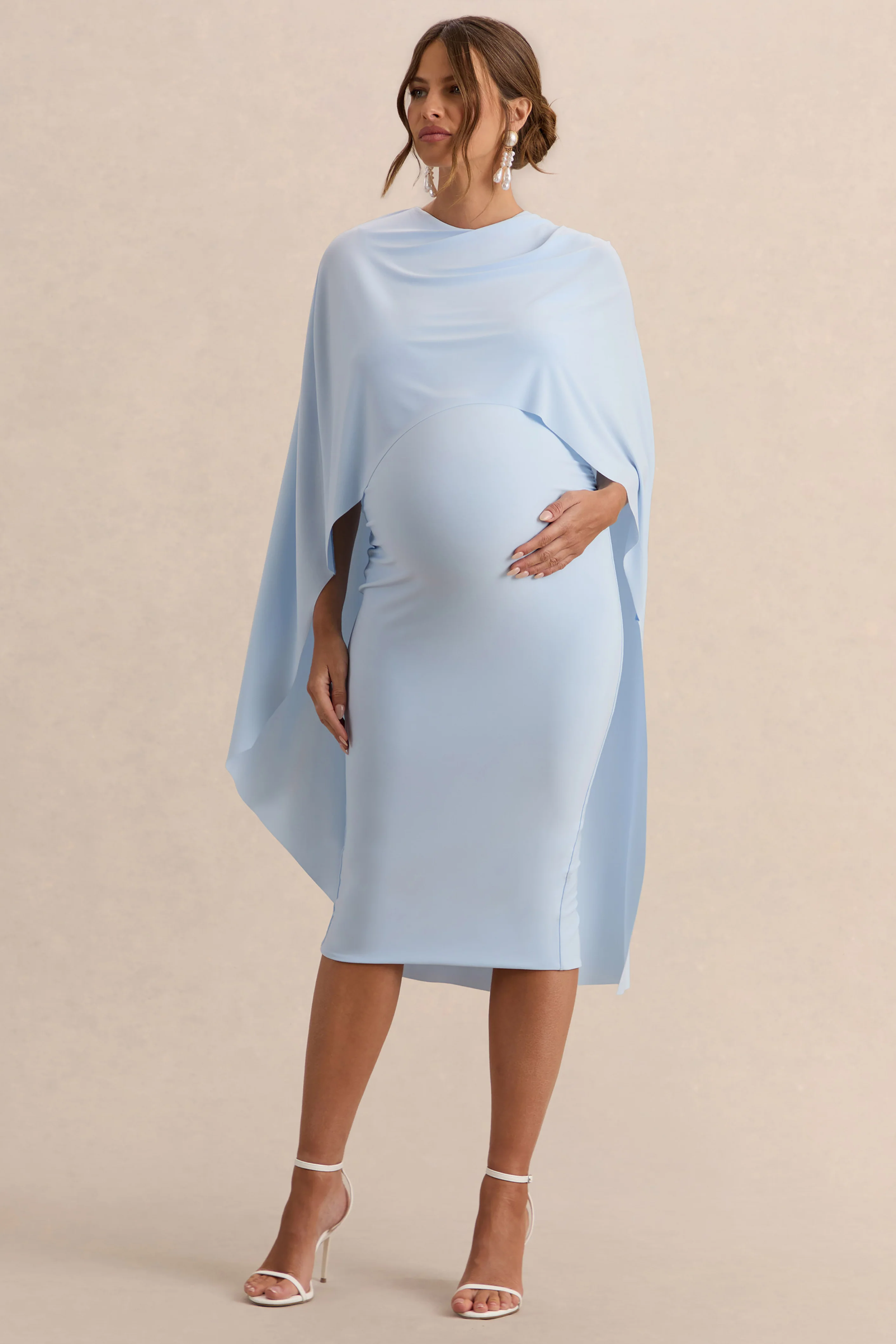 Arwen | Robe de grossesse mi-longue bleu poudré à encolure ronde avec détail de cape - Image 5