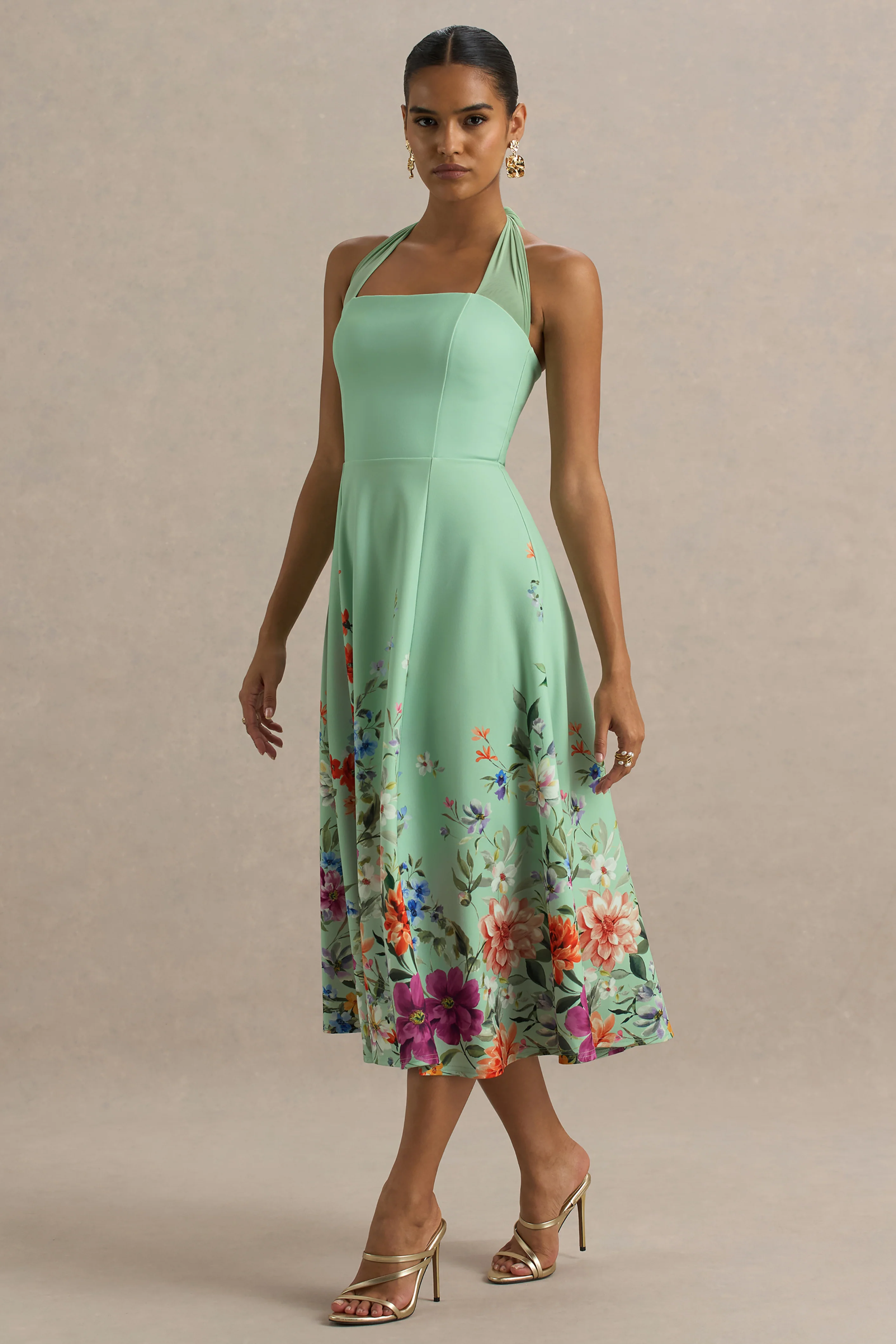 Auburn | Robe Mi-Longue Floral Vert à Encolure Licou - Image 4