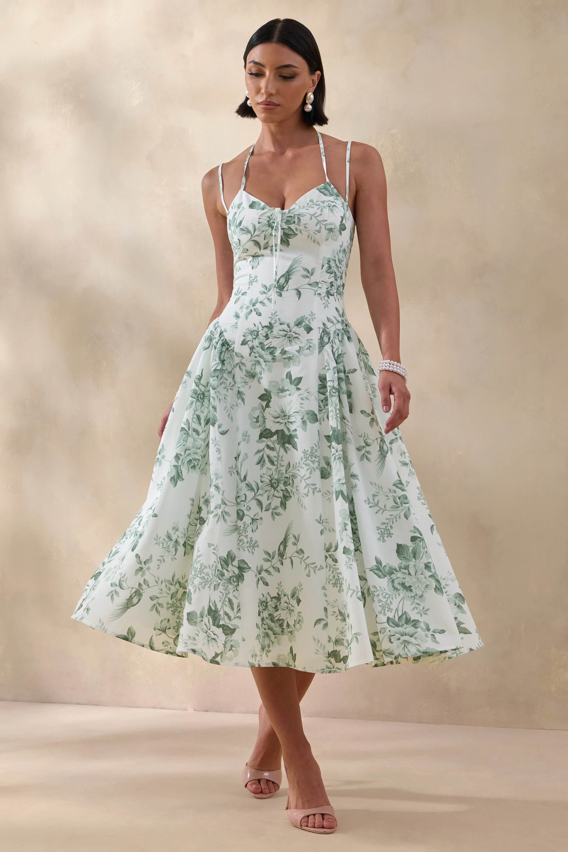 Audrey | Robe mi-longue à imprimé floral vert à encolure cœur avec détails froncés