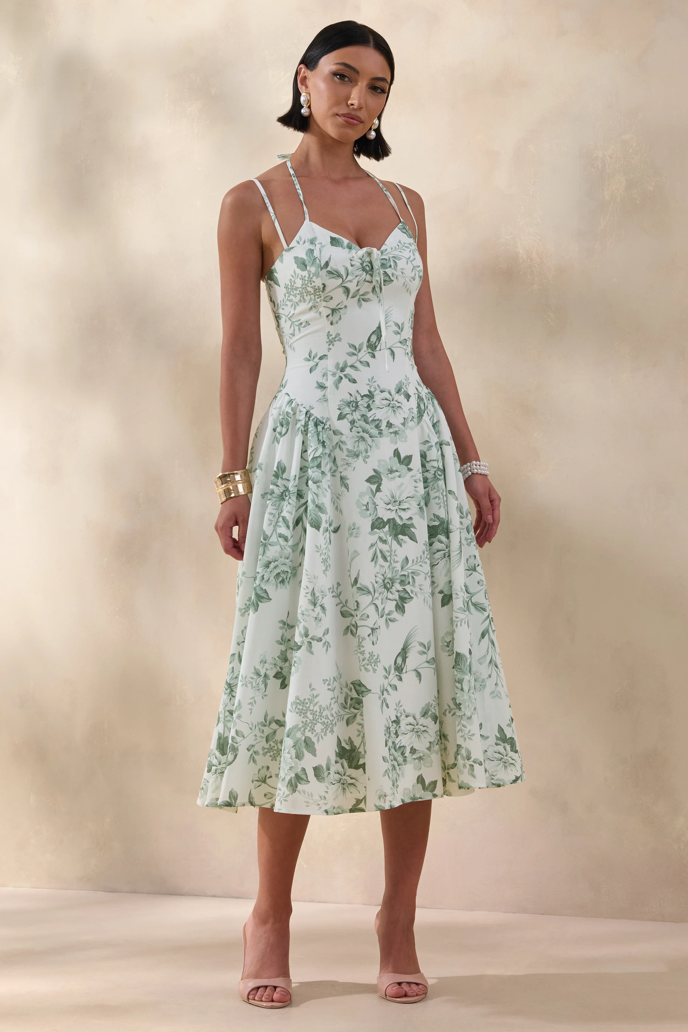 Audrey | Robe mi-longue à imprimé floral vert à encolure cœur avec détails froncés - Image 4