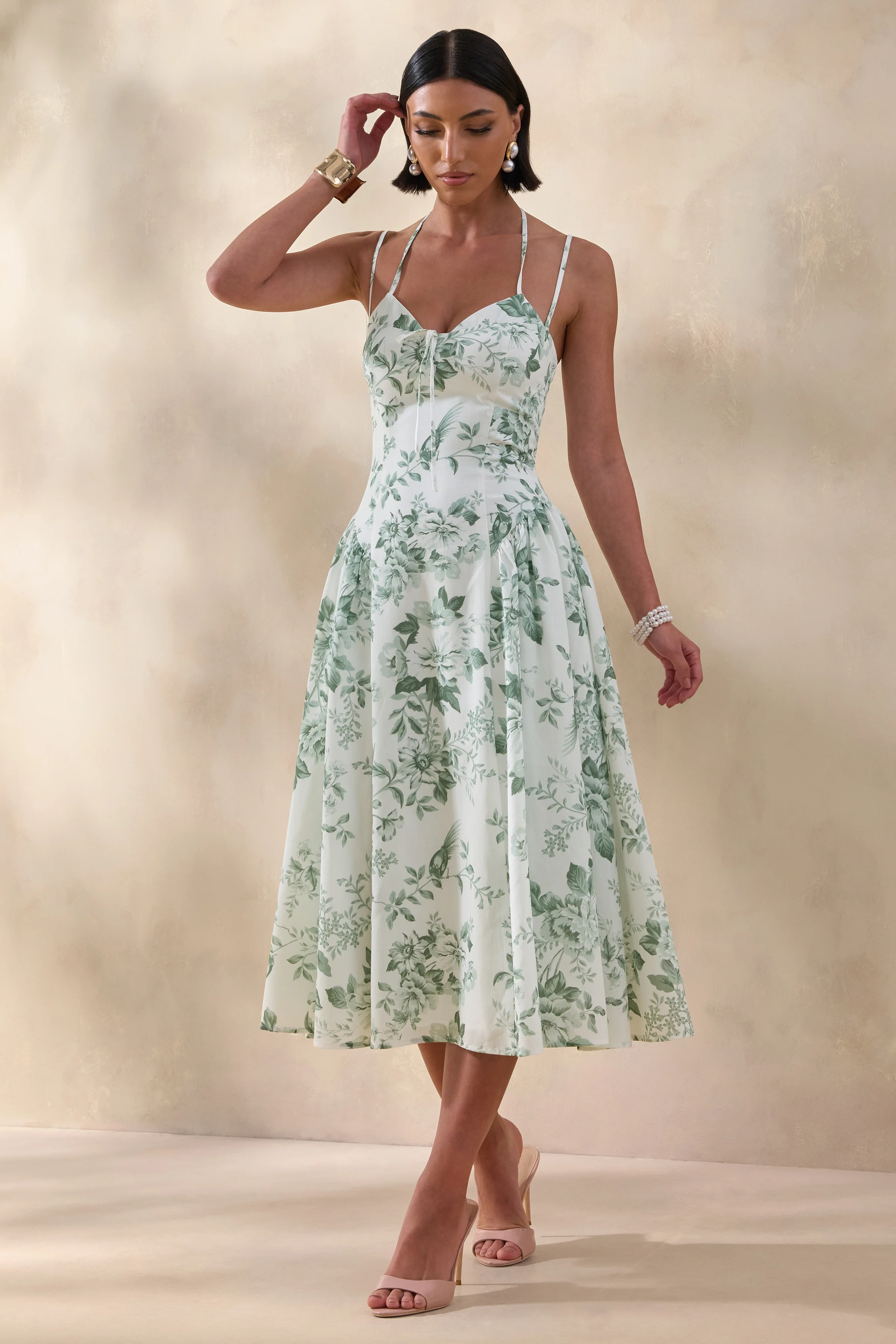 Audrey | Robe mi-longue à imprimé floral vert à encolure cœur avec détails froncés - Image 5