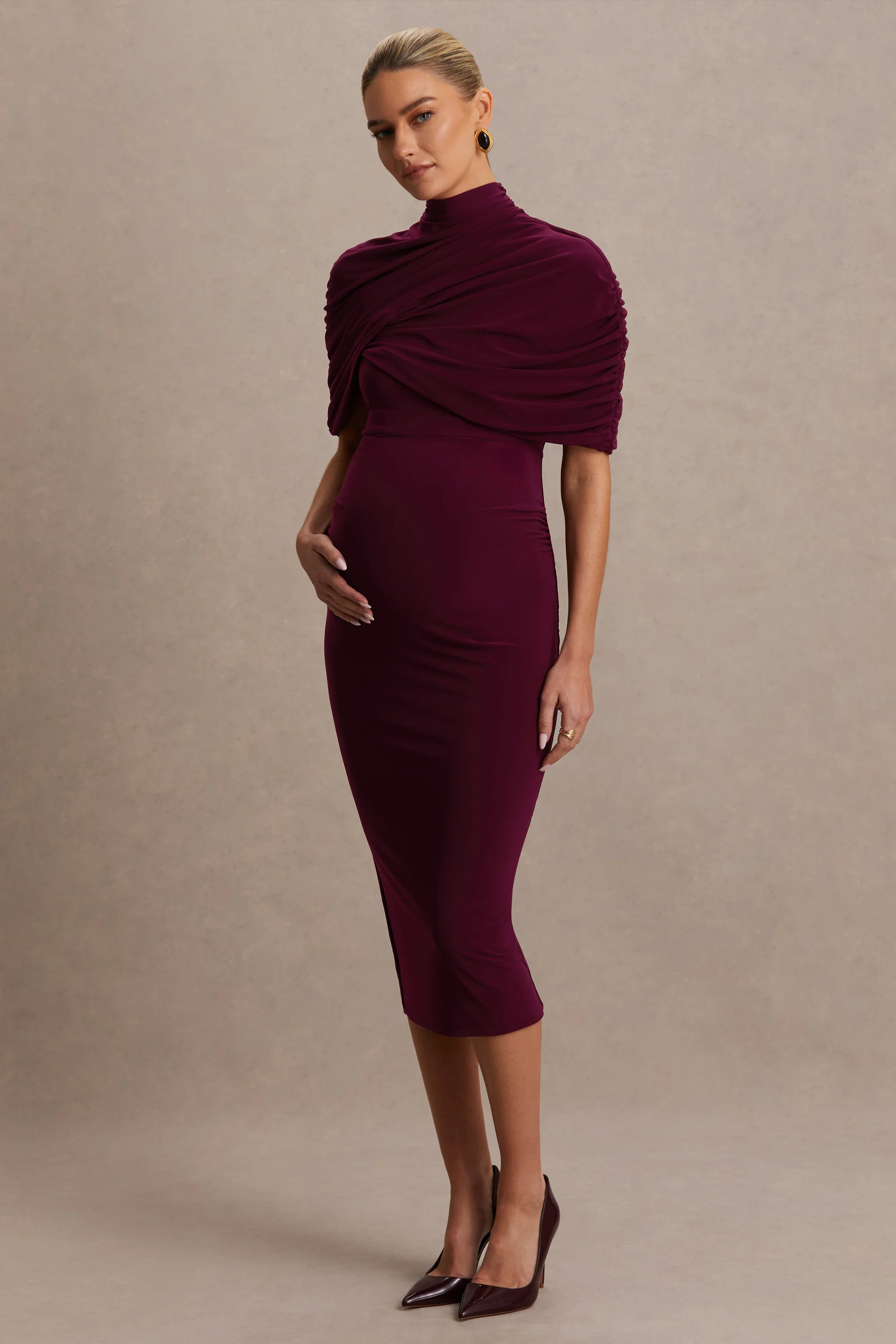 Augustina | Robe de maternité mi-longue bordeaux avec manches cape