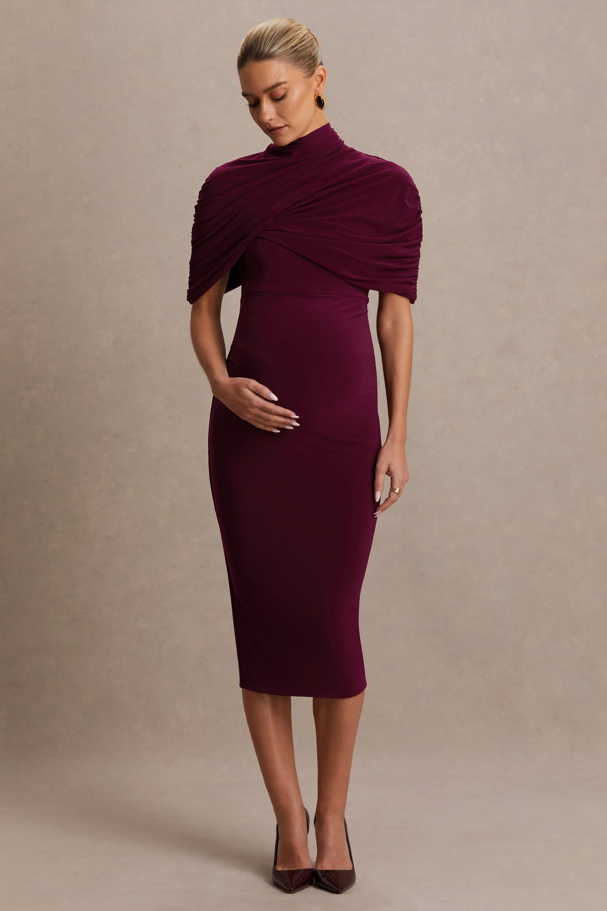 Augustina | Robe de maternité mi-longue bordeaux avec manches cape - Image 4