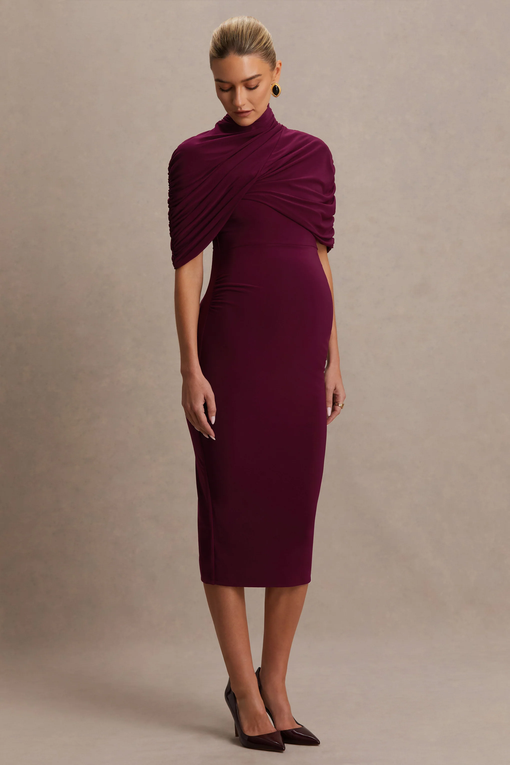 Augustina | Robe de maternité mi-longue bordeaux avec manches cape - Image 5