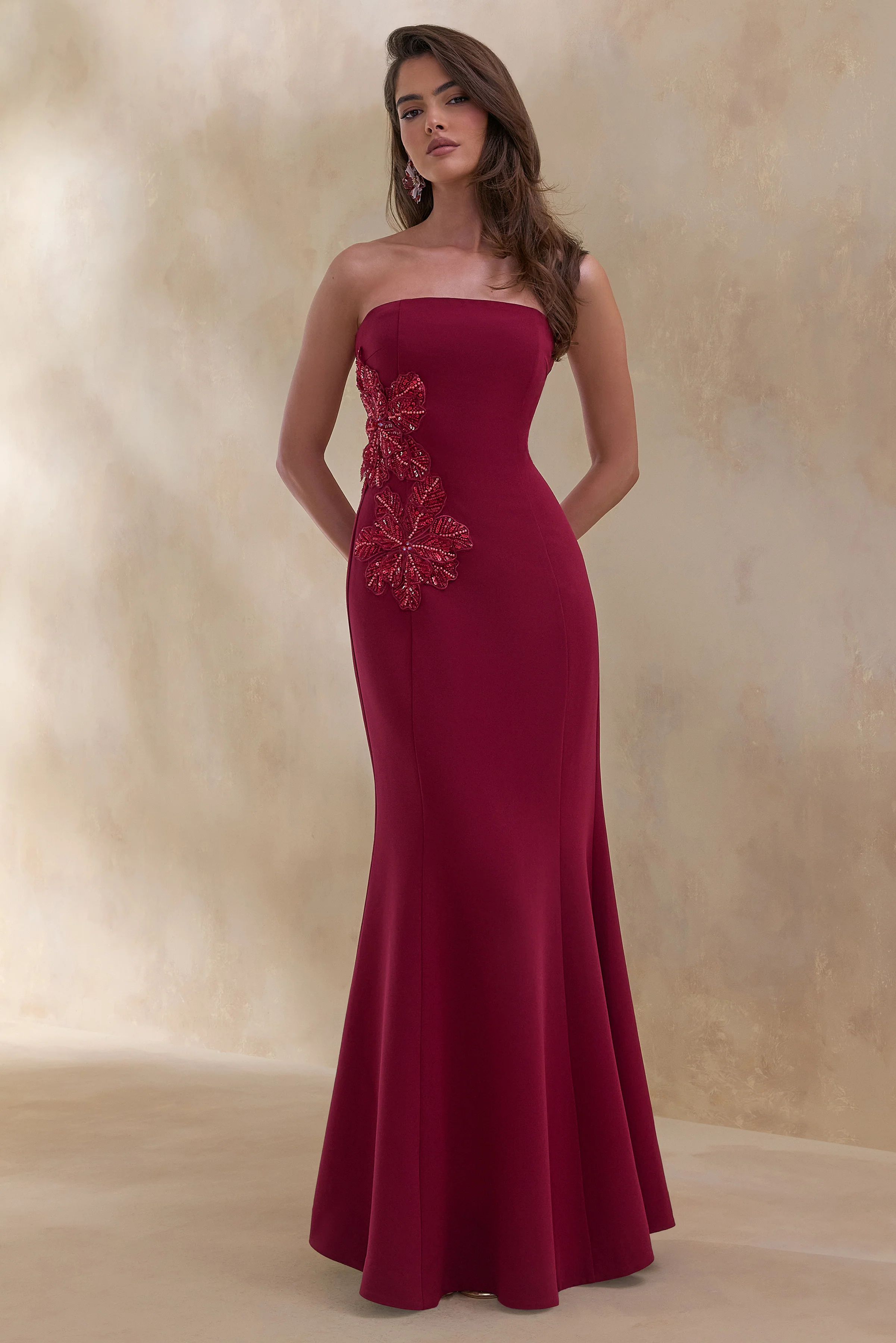 Aylana | Robe longue bordeaux à décolleté bandeau avec détails ornés