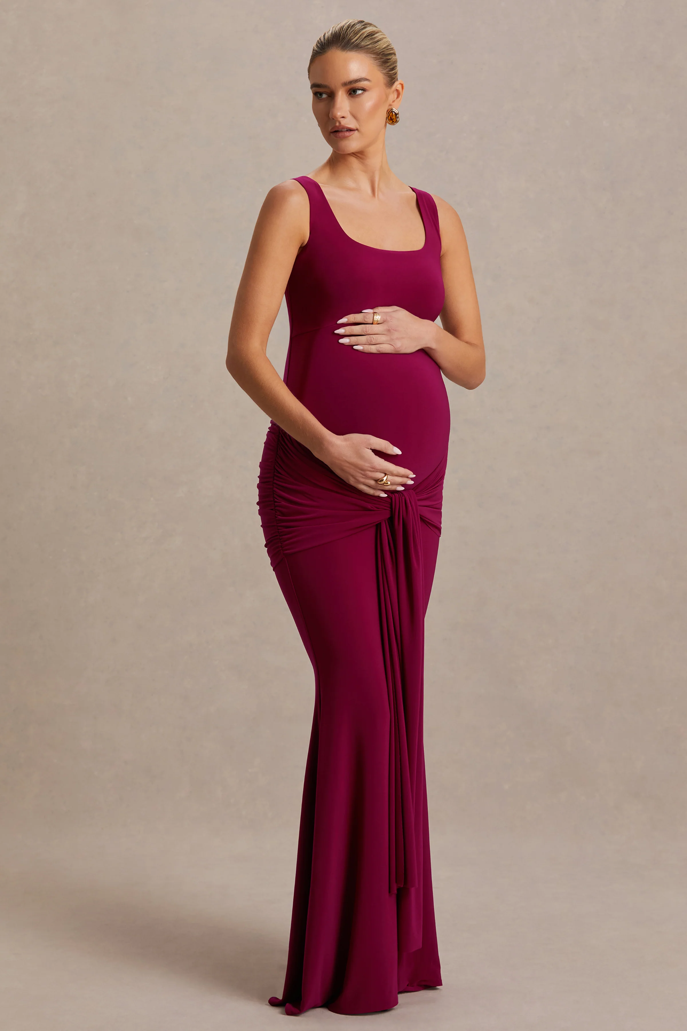 Baylin | Robe longue de maternité Bordeaux à encolure carrée avec fronces et détail d’écharpe