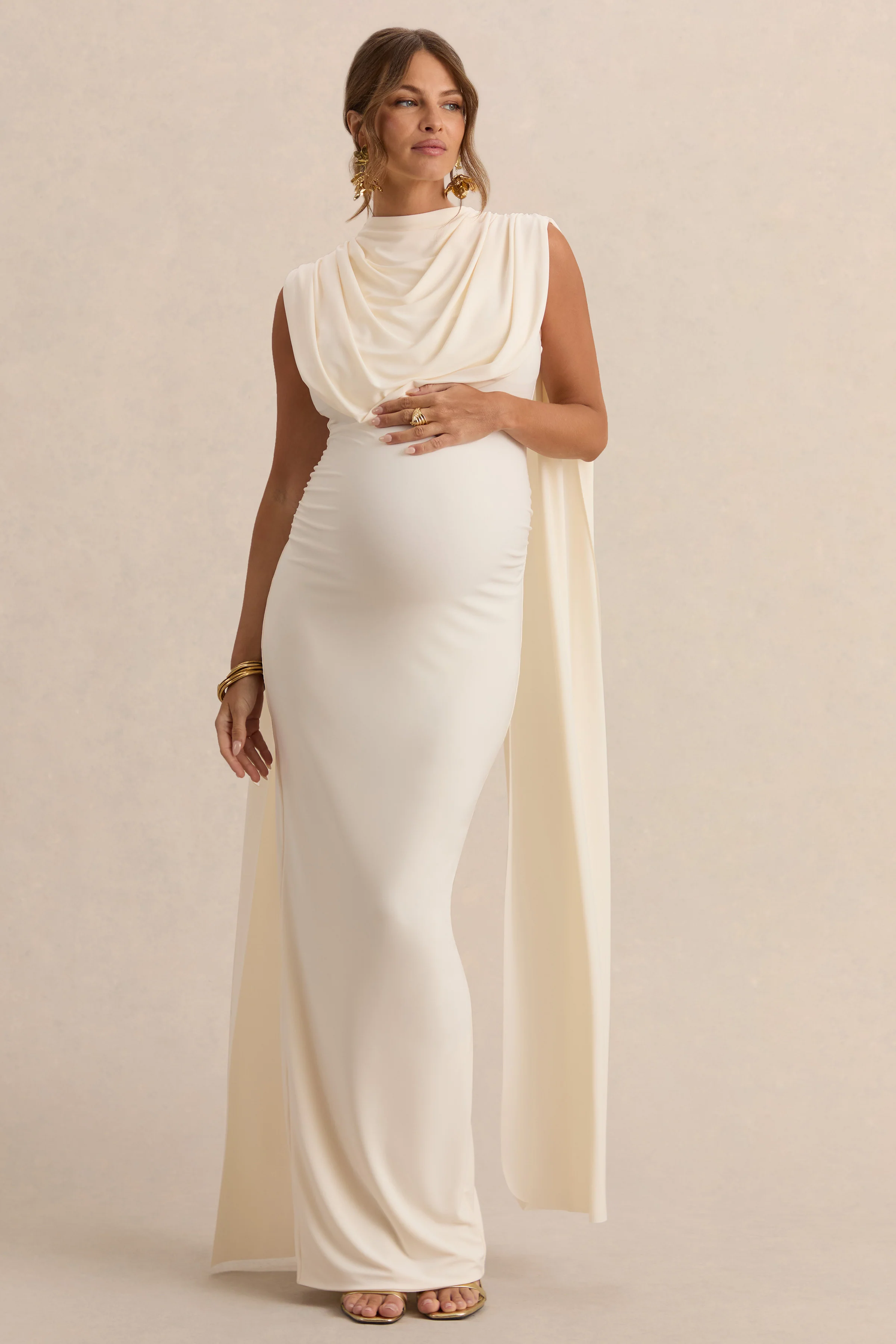 Belva | Robe longue de maternité crème à encolure ronde avec détail cape