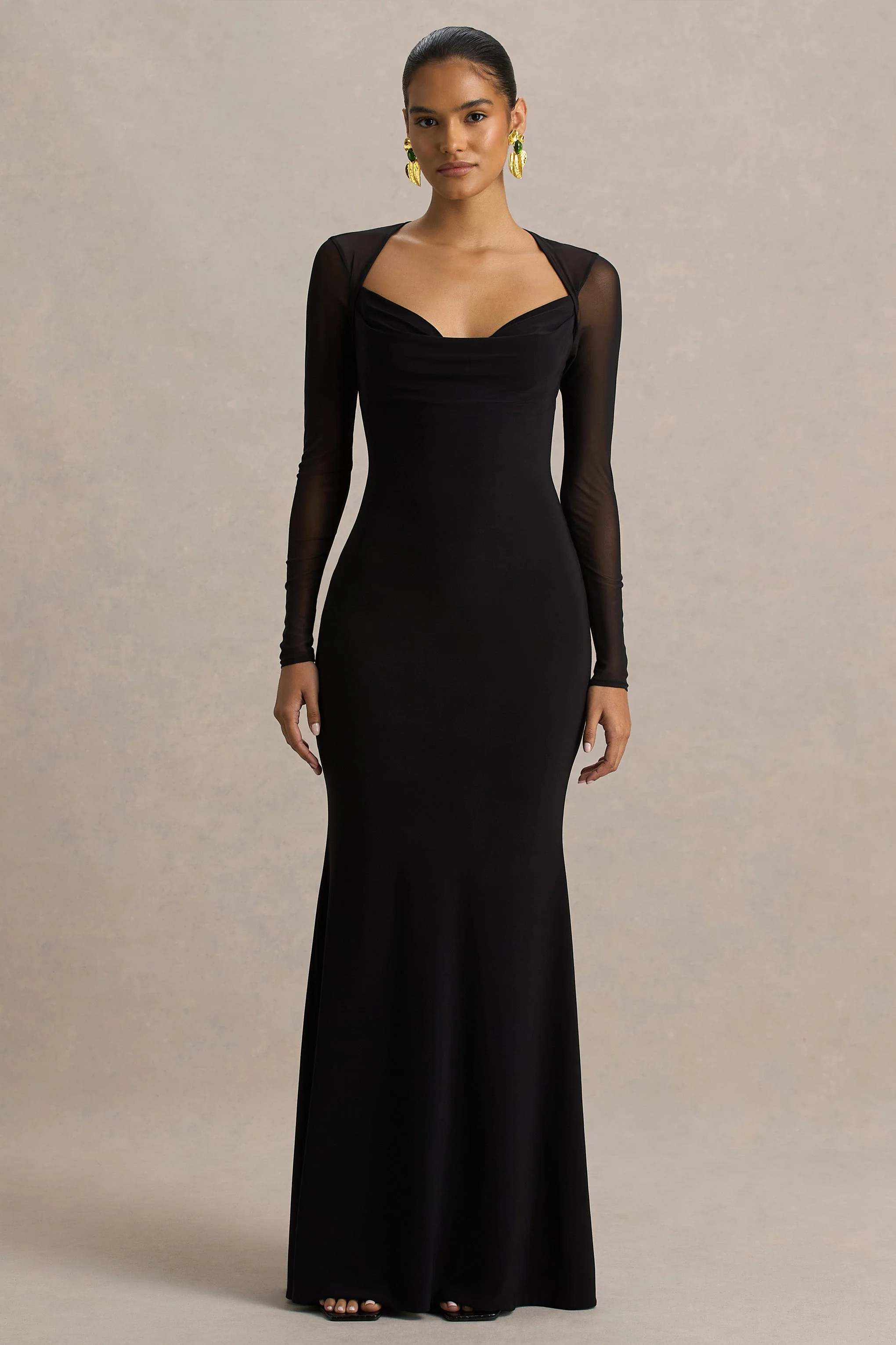 Bethan | Robe longue noire à décolleté drapé avec manches en mesh et dos ouvert - Image 3