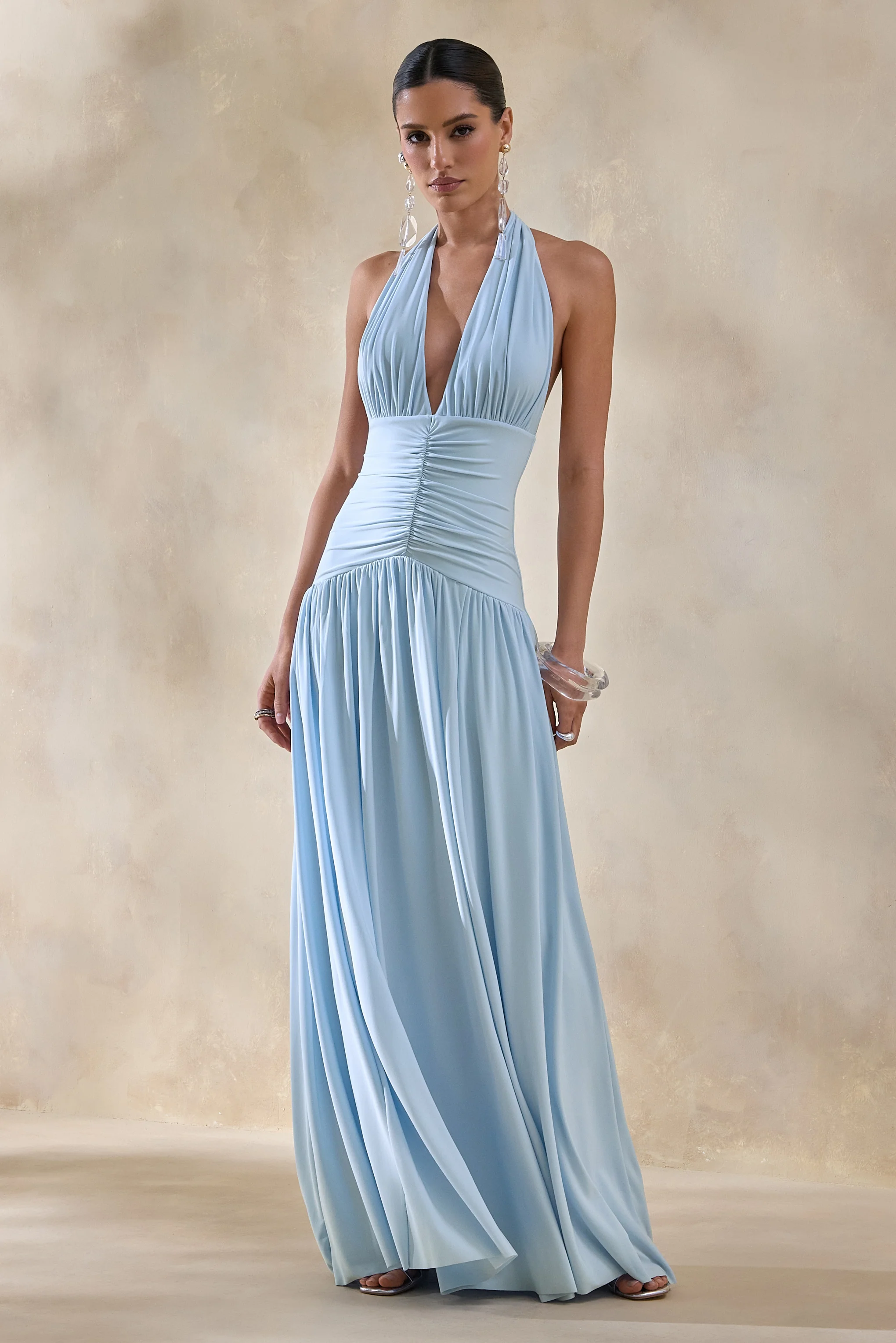 Bettina | Robe longue bleu poudré à encolure plongeante avec fronces