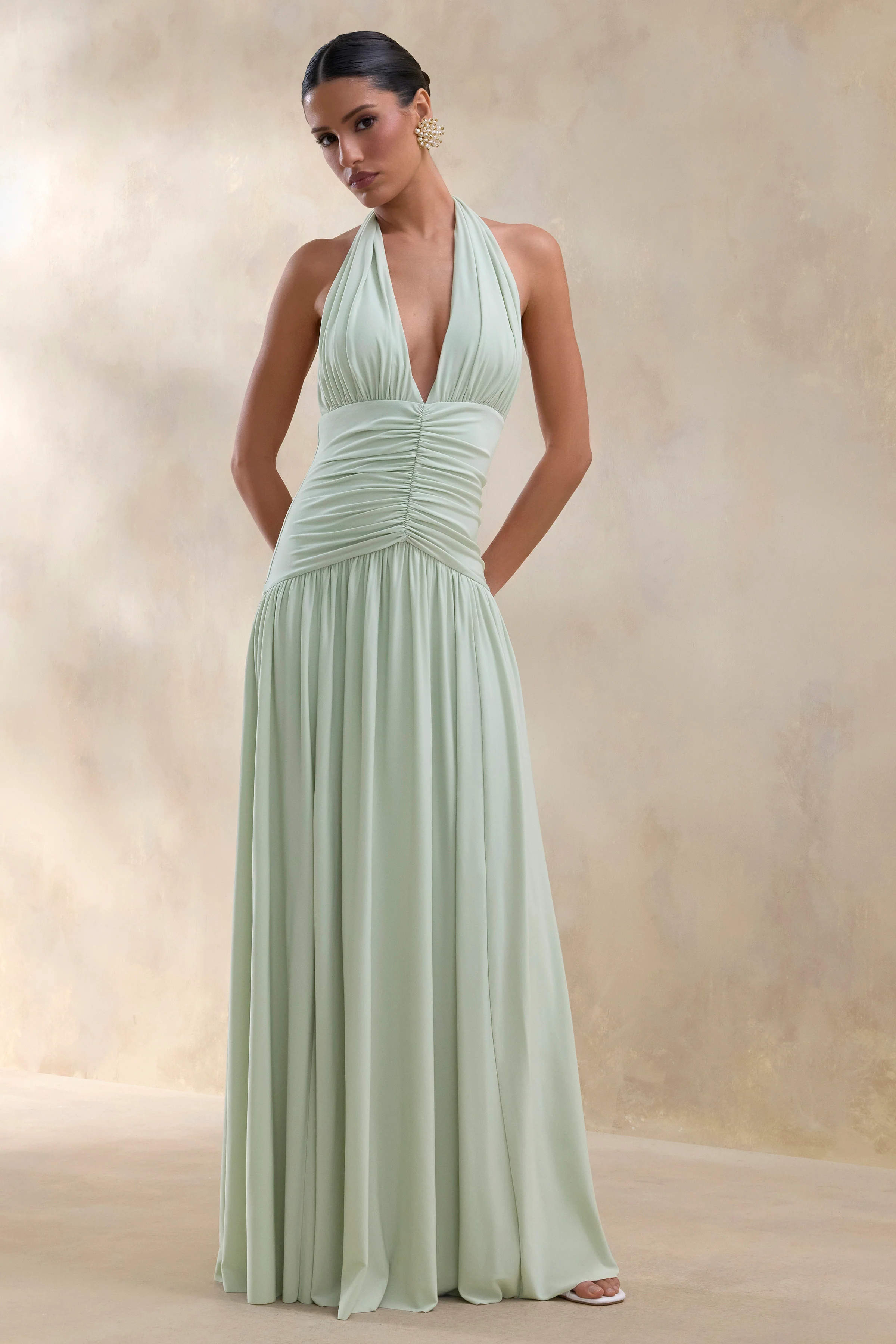 Bettina | Robe longue sauge à décolleté plongeant avec détails froncés