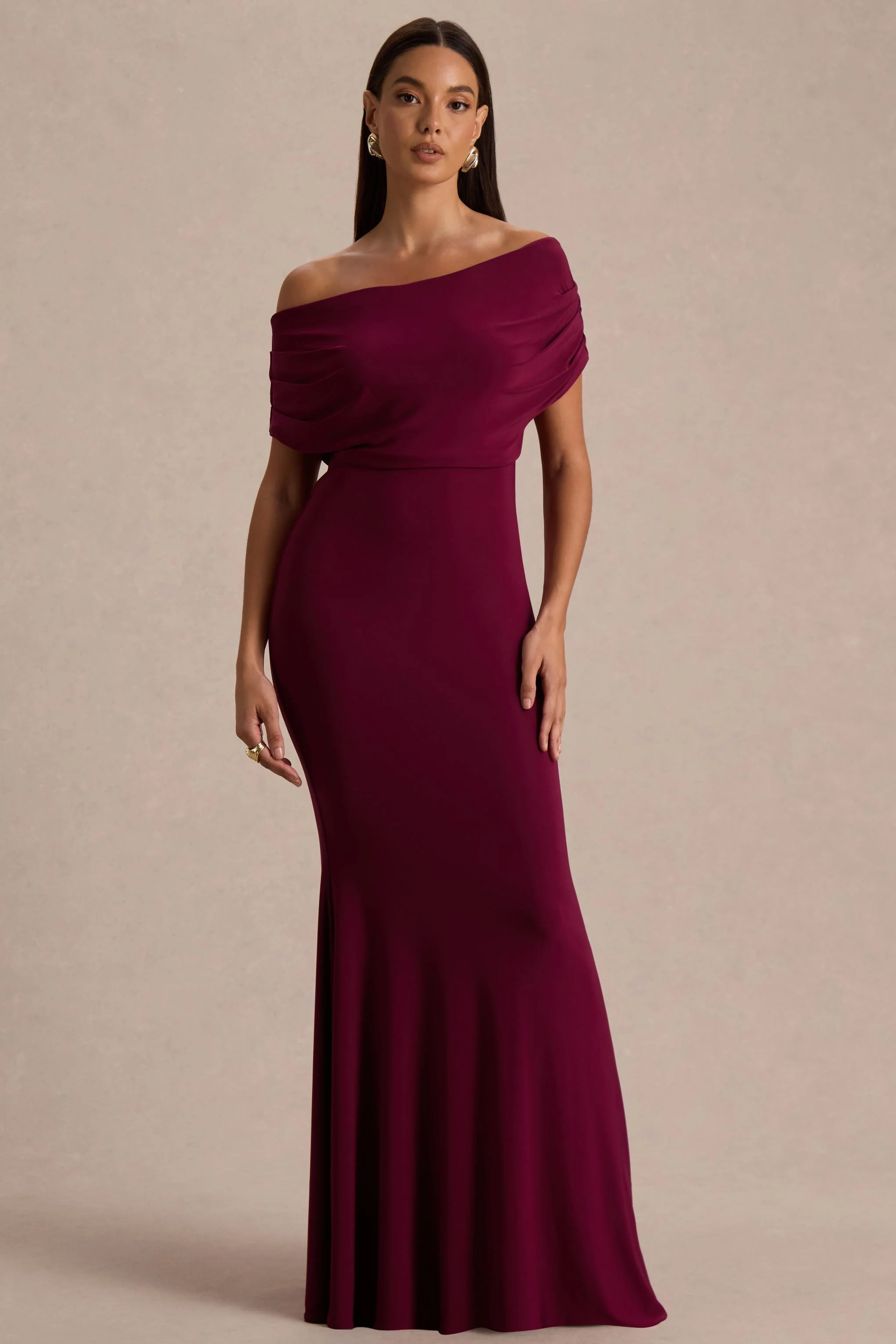 Bowden | Robe longue couleur baie à encolure bardot - Image 5