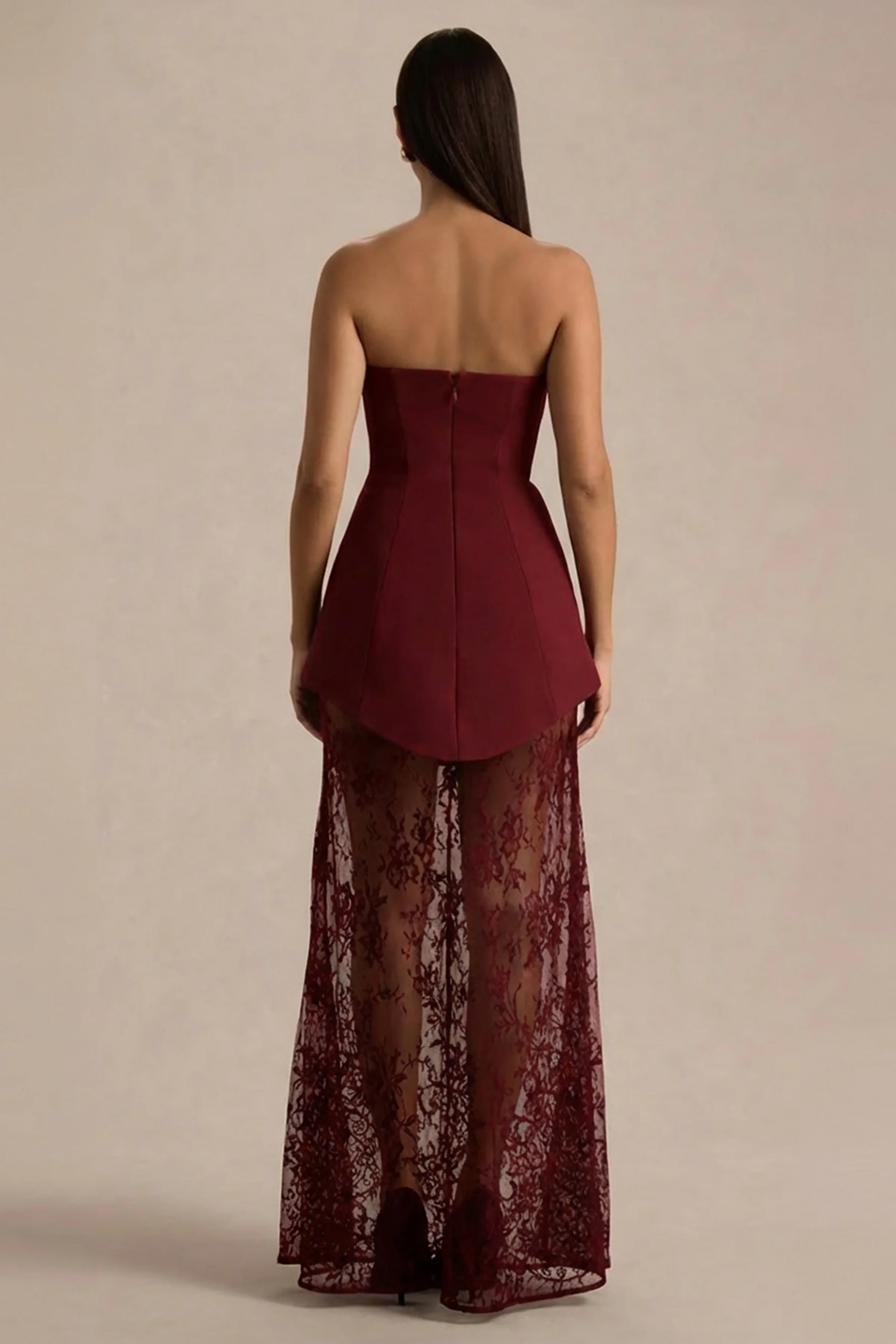 Brandi | Robe longue bandeau bordeaux avec jupe en dentelle - Image 2