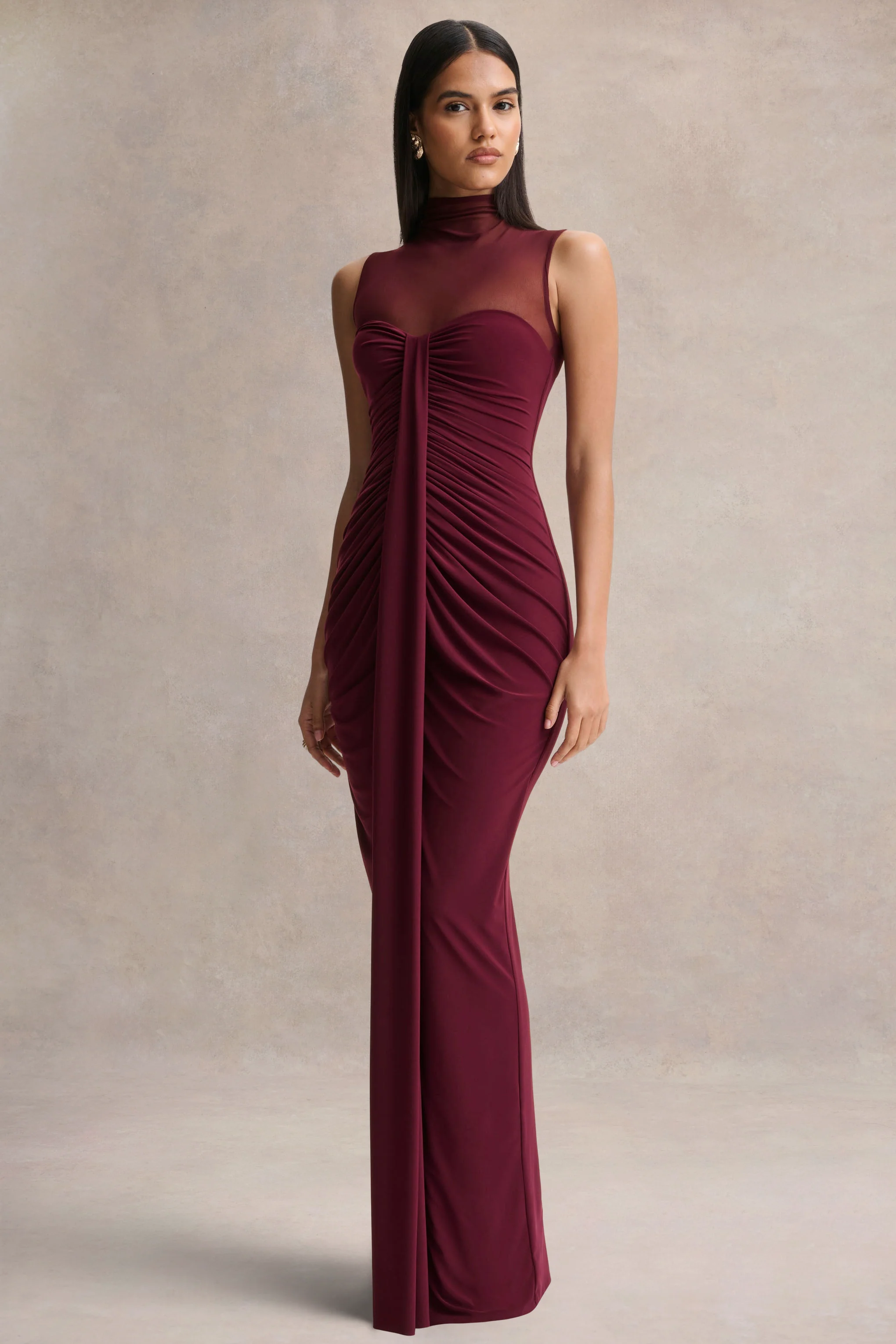 Brialle | Robe longue bordeaux à col montant avec mesh et détails froncés - Image 4