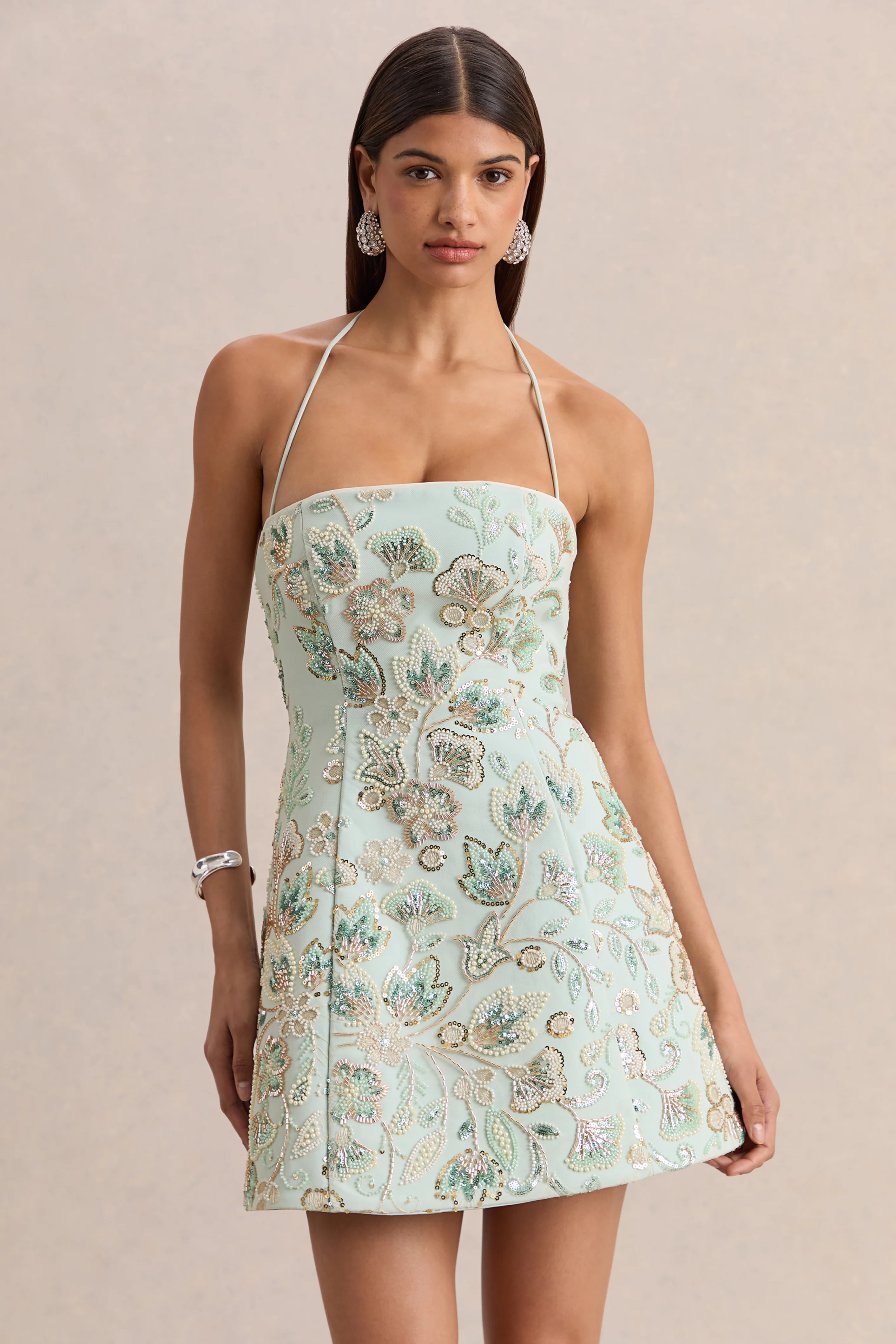 Brianna | Mini-robe menthe à fleurs ornées à encolure carrée - Image 3
