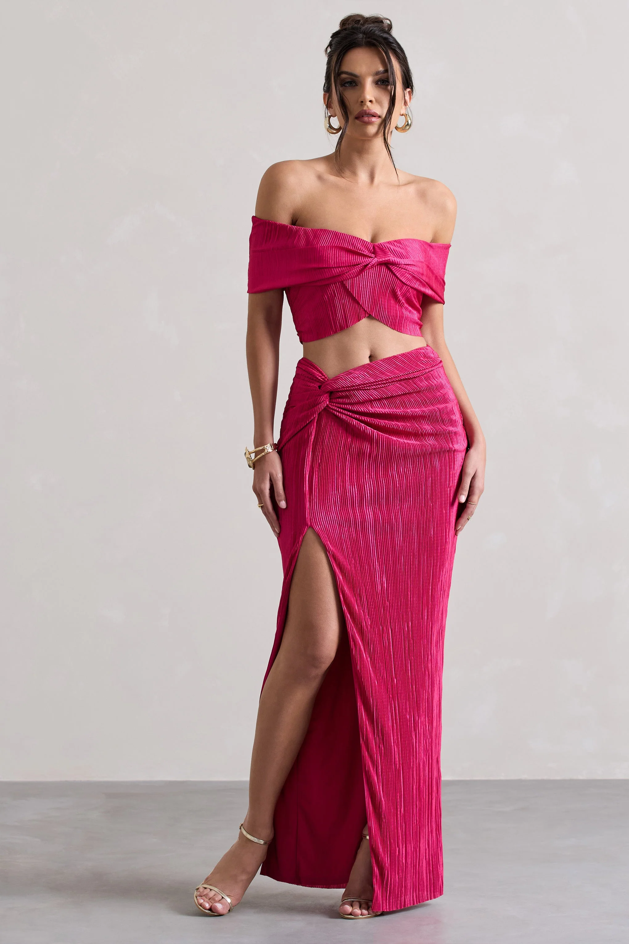 Calida | Jupe longue plissée à fente et nœud rose fuchsia