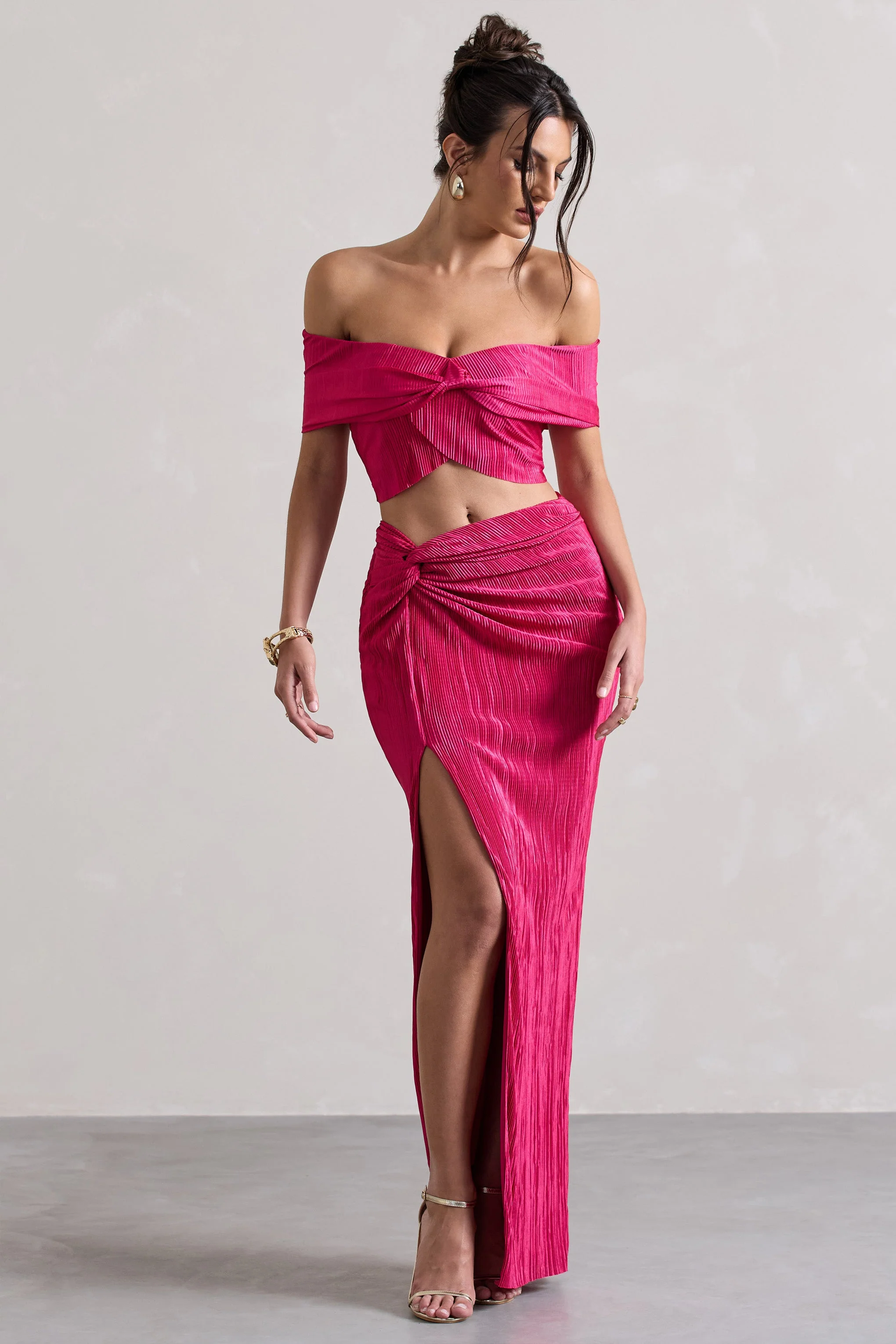 Calida | Jupe longue plissée à fente et nœud rose fuchsia - Image 5