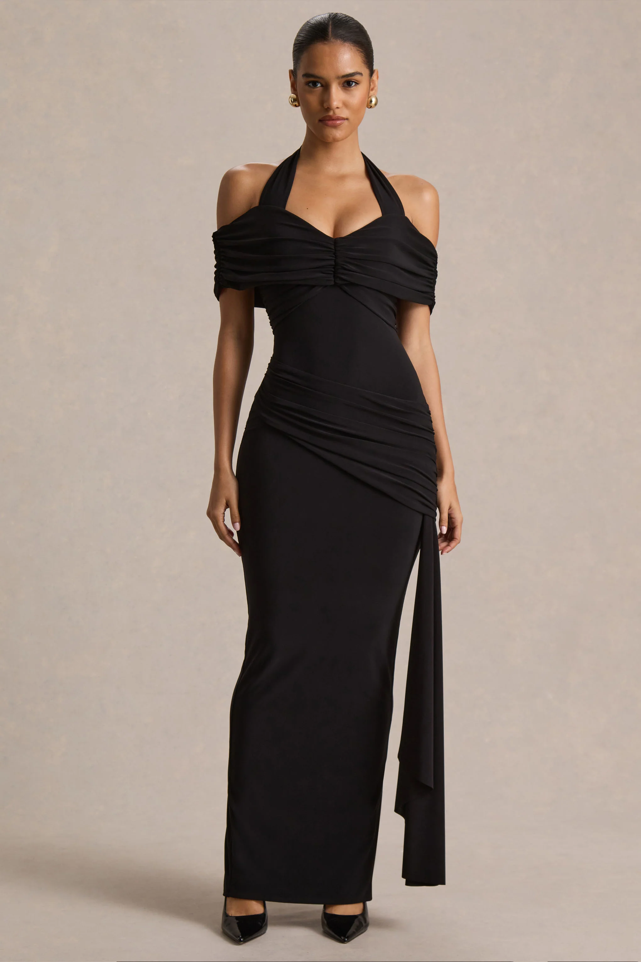 Camille | Robe longue noire à encolure bardot