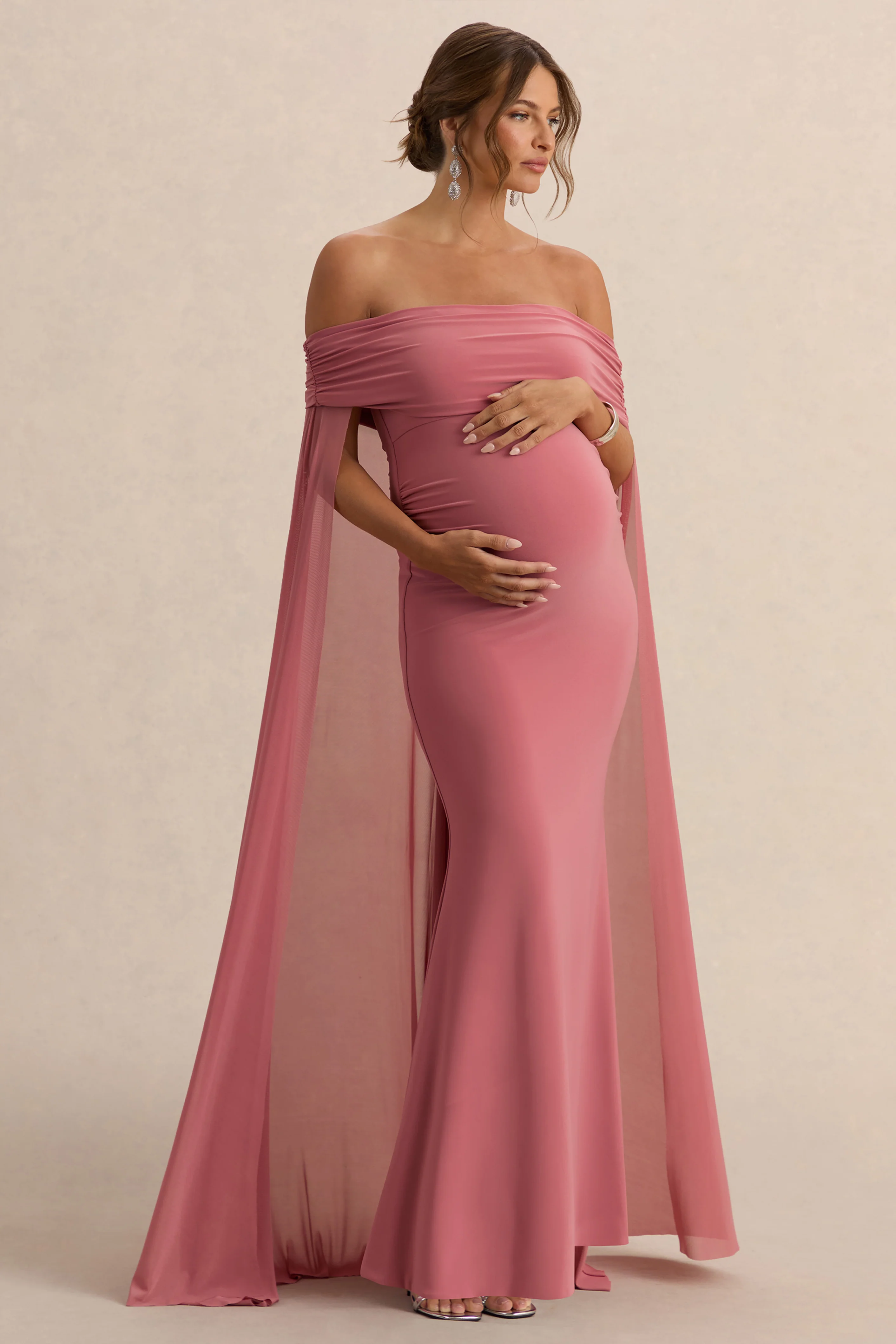 Carlotta | Robe Longue de Maternité Bardot Rose Poudré avec Cape en Chiffon