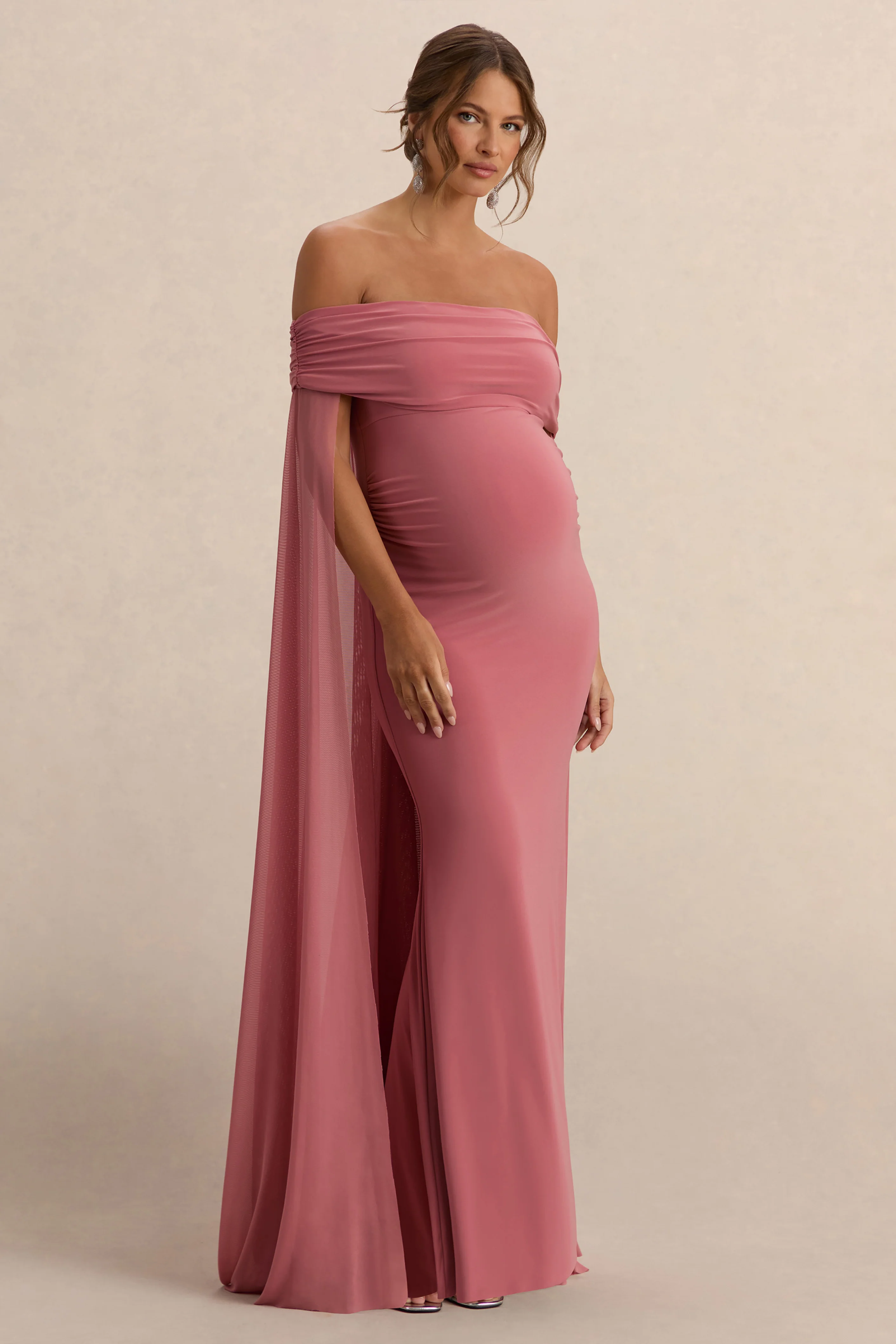 Carlotta | Robe Longue de Maternité Bardot Rose Poudré avec Cape en Chiffon - Image 5
