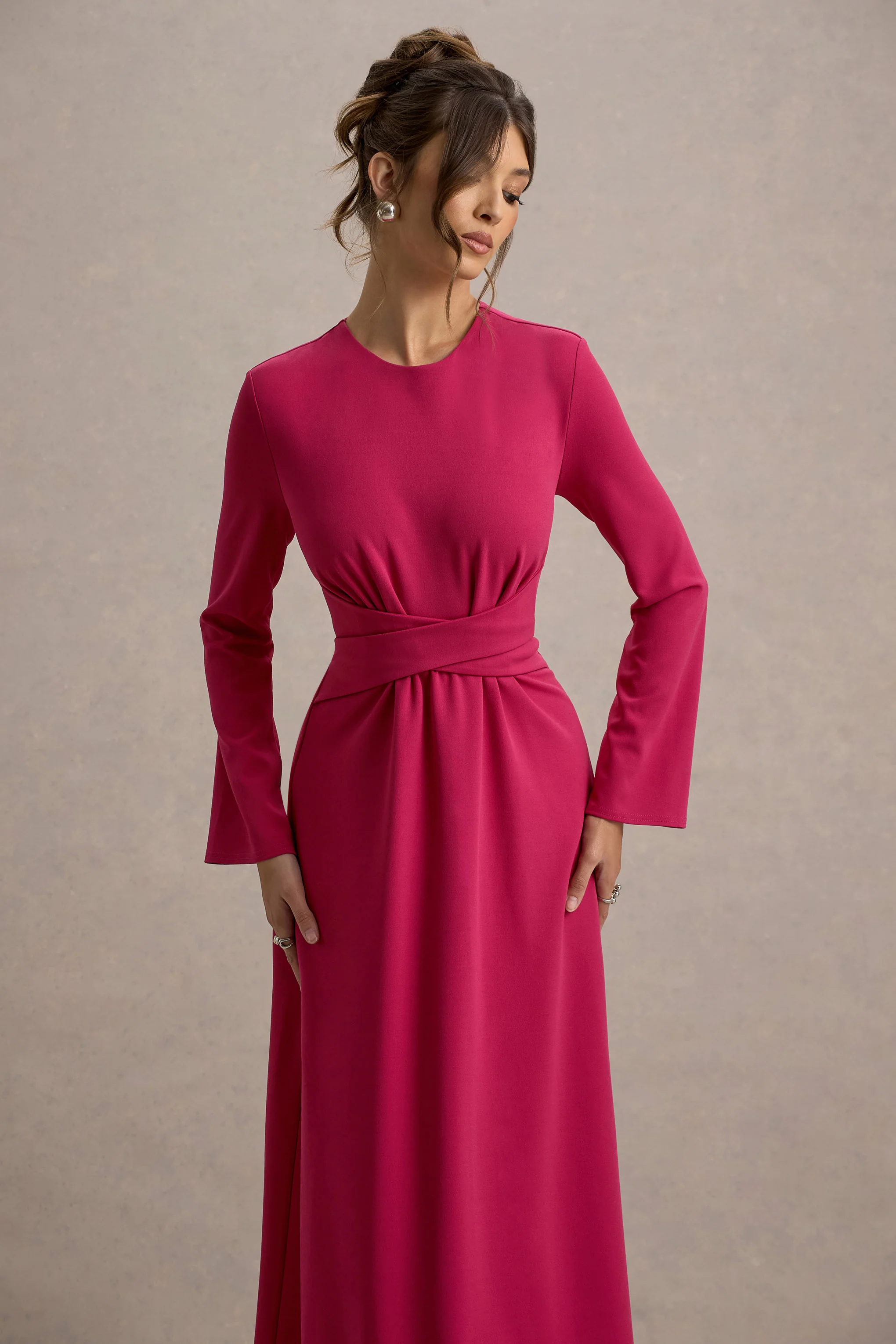 Cassiopeia | Robe Mi-Longue Rose à Manches Longues avec Taille Croisée - Image 3