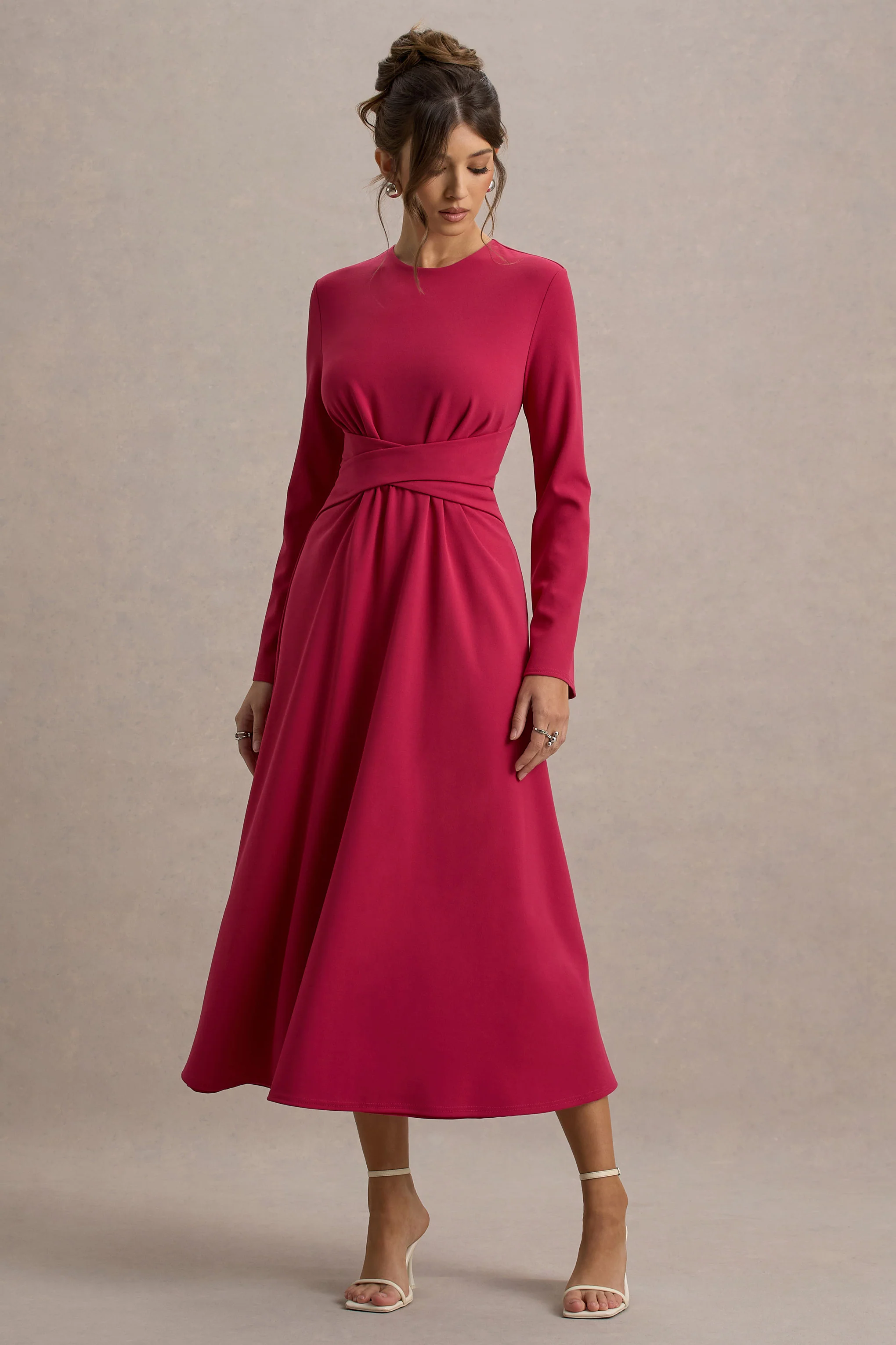 Cassiopeia | Robe Mi-Longue Rose à Manches Longues avec Taille Croisée - Image 4