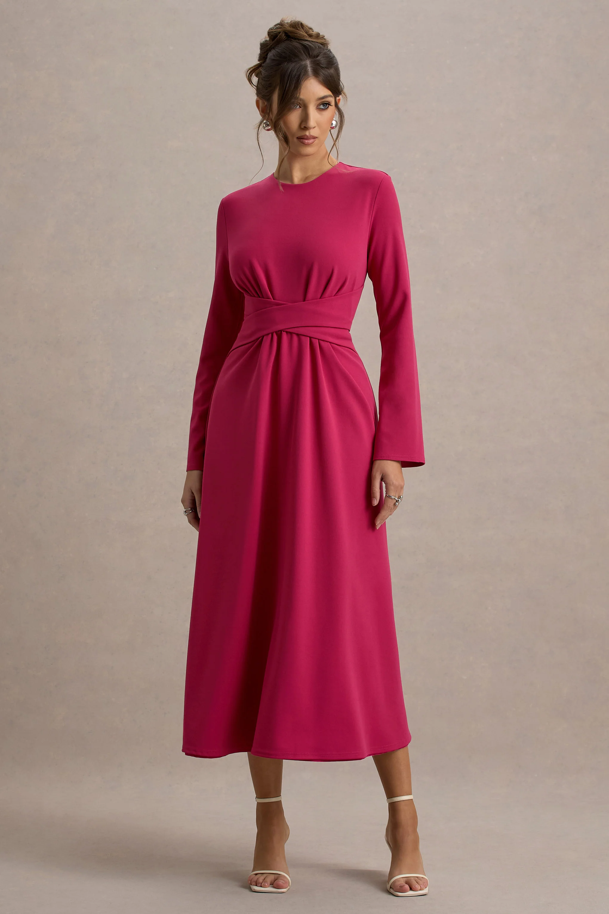 Cassiopeia | Robe Mi-Longue Rose à Manches Longues avec Taille Croisée - Image 5