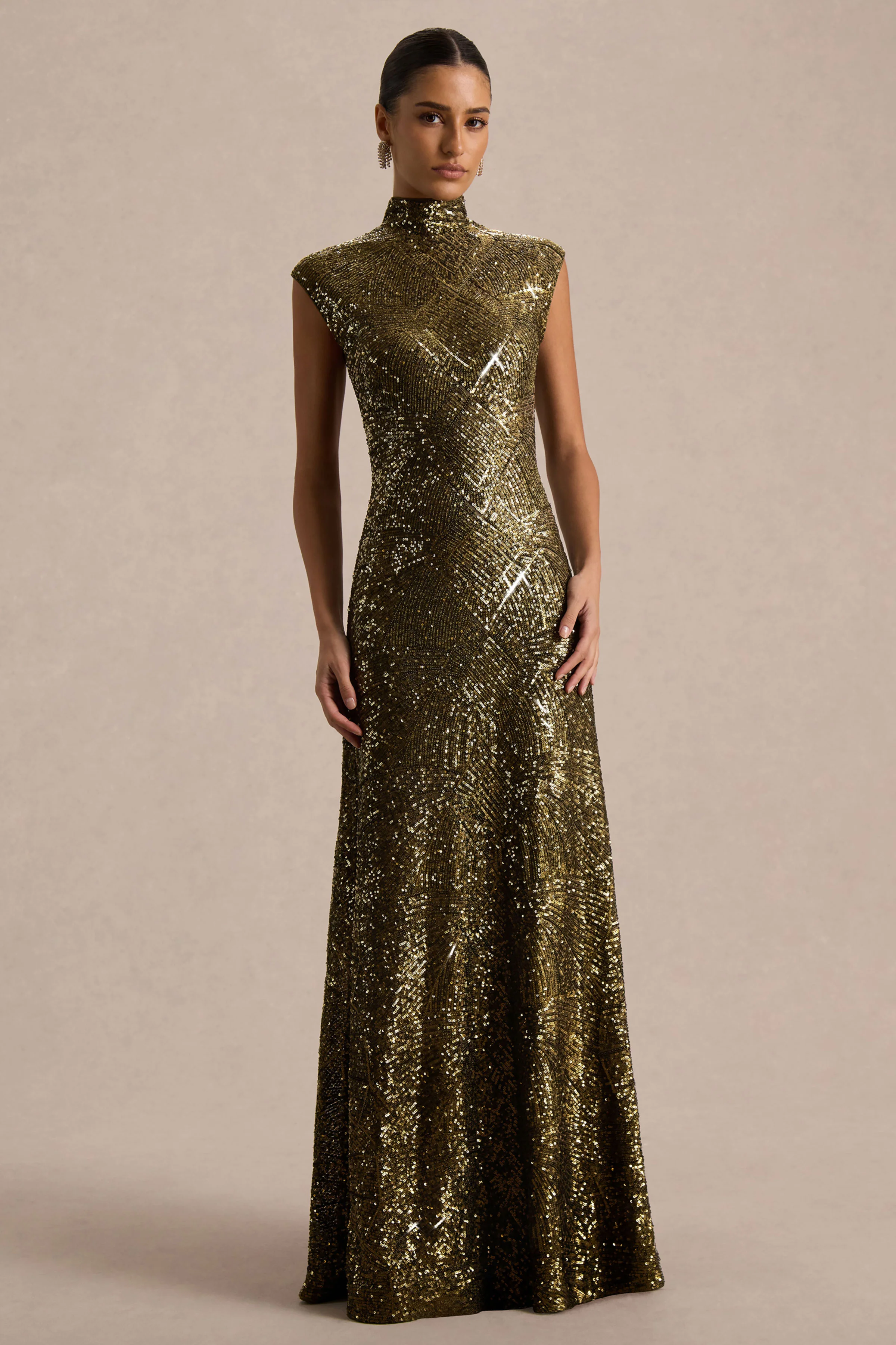 Cecy | Robe Longue en Sequins Kaki à Col Montant avec Manches Courtes