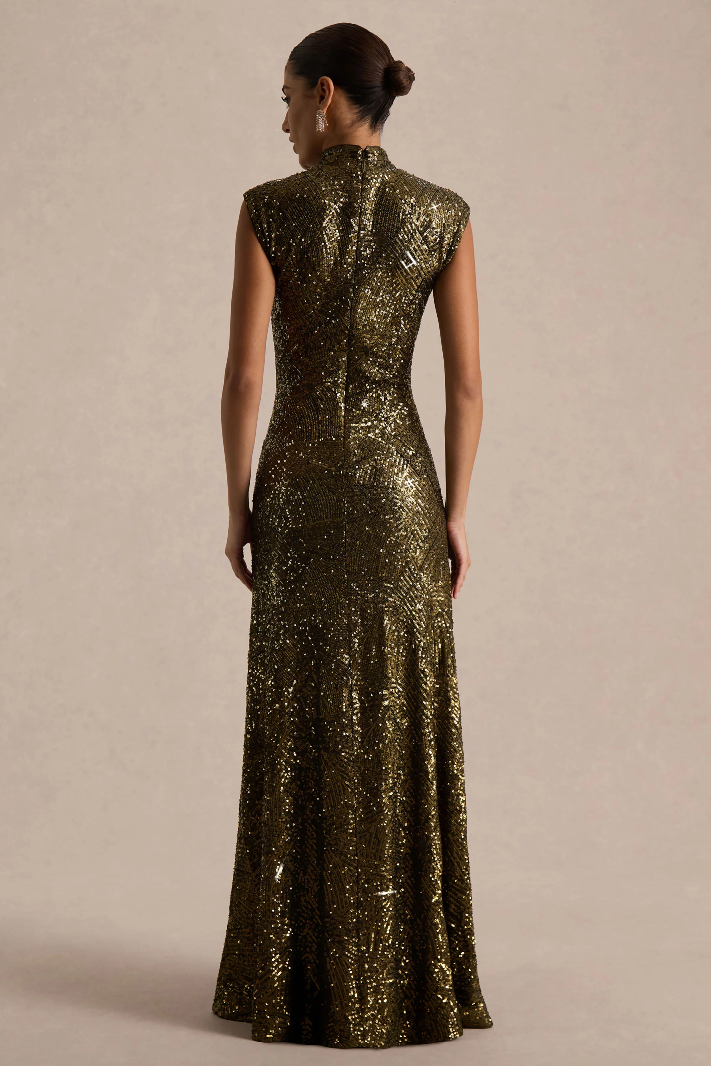 Cecy | Robe Longue en Sequins Kaki à Col Montant avec Manches Courtes - Image 2