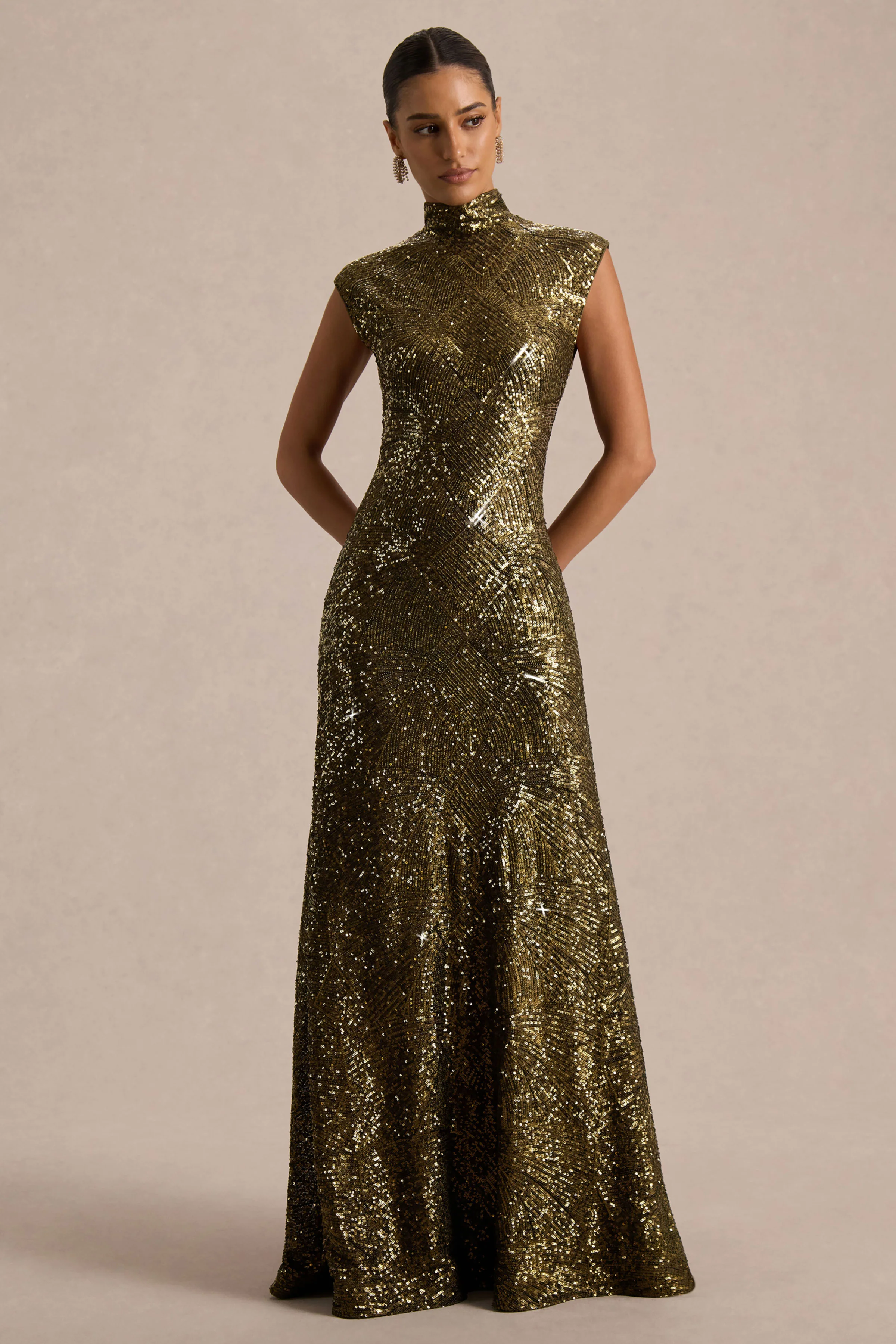 Cecy | Robe Longue en Sequins Kaki à Col Montant avec Manches Courtes - Image 5