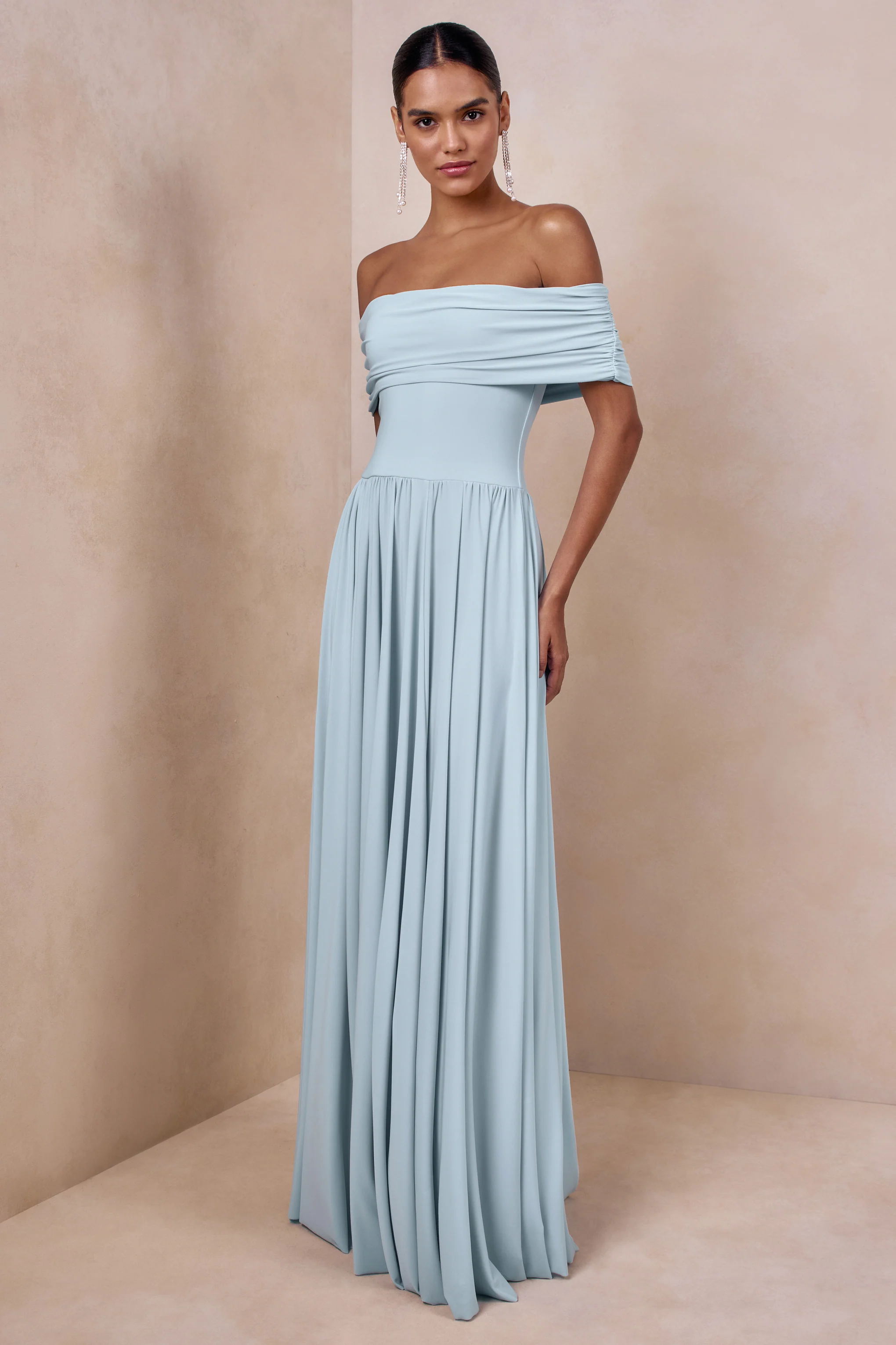 Cindie | Robe longue bleu poudré à col bardot - Image 5