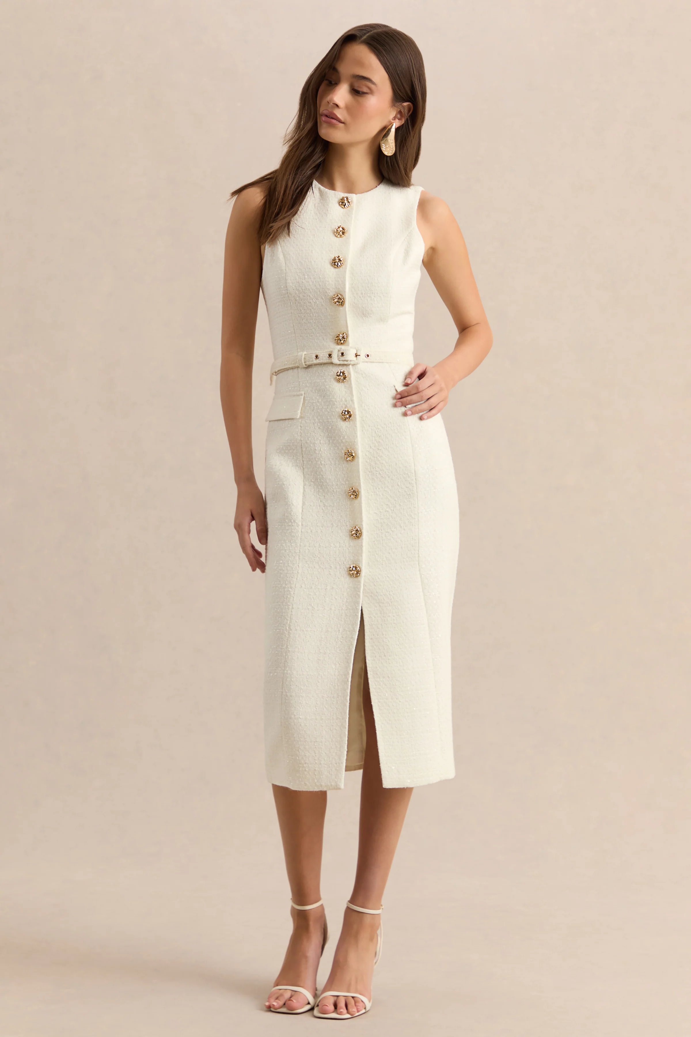 Clea | Robe mi-longue crème à encolure ronde avec ceinture et poches sur le devant - Image 4