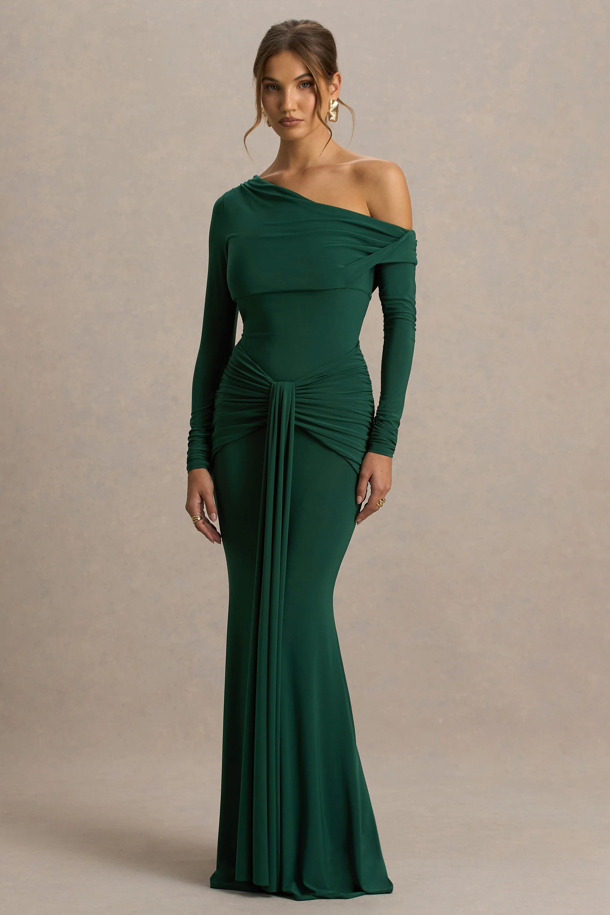 Clover | Robe longue vert foncé à encolure asymétrique avec ceinture - Image 3