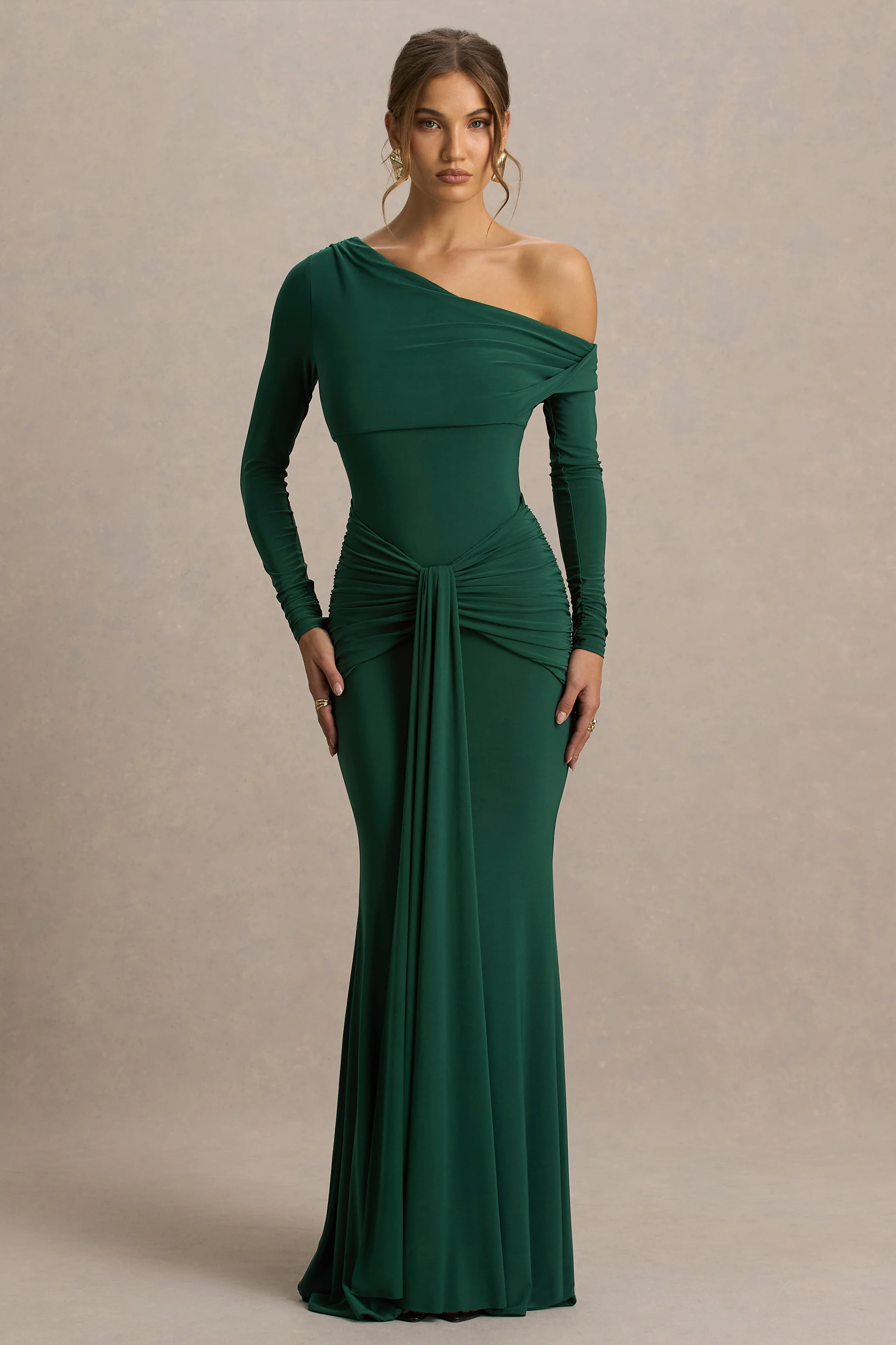 Clover | Robe longue vert foncé à encolure asymétrique avec ceinture - Image 5