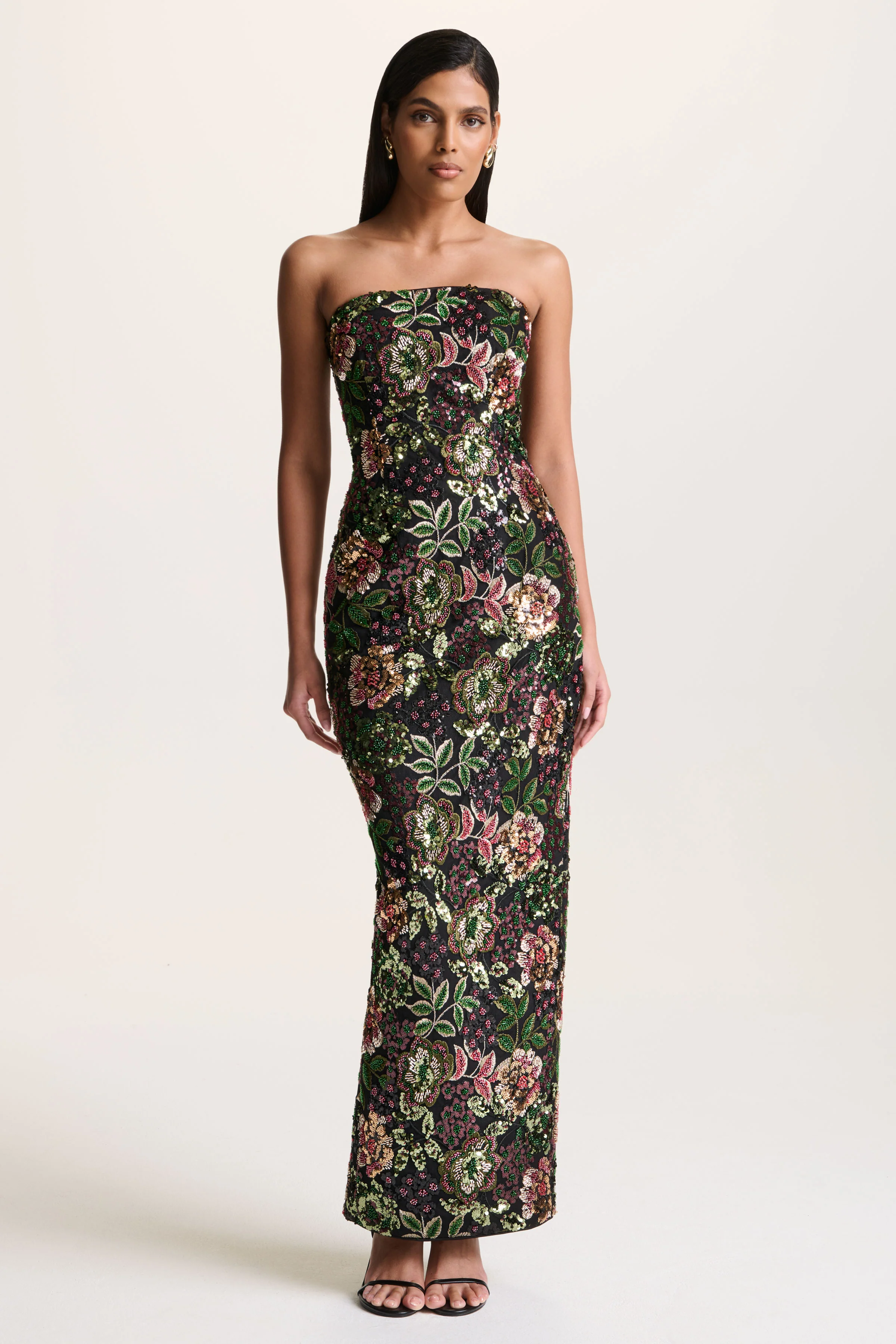 Cora | Robe longue en tulle orné motif floral hivernal à encolure bandeau et détail foulard - Image 6