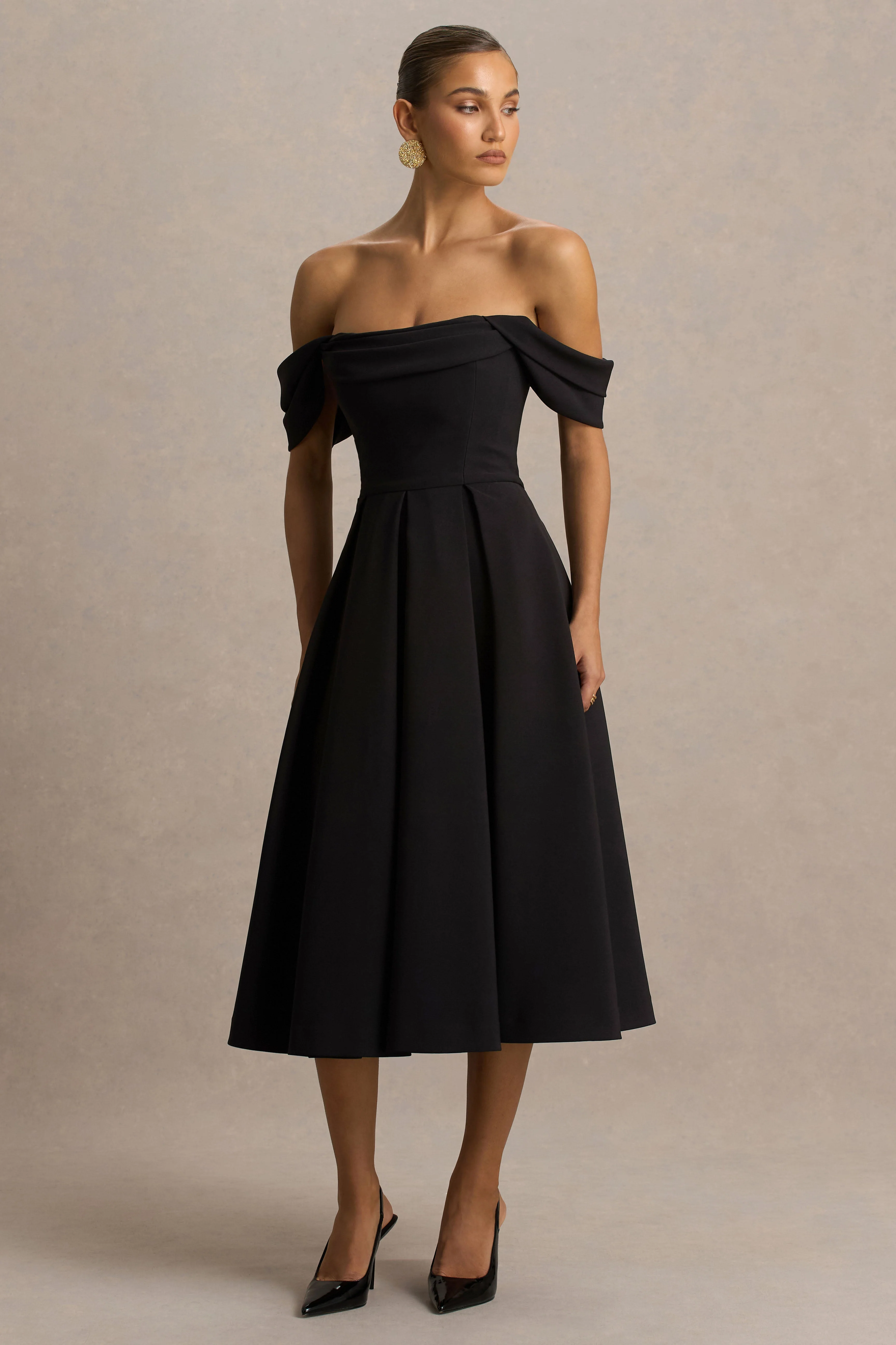 Cosima | Robe mi-longue noire à décolleté bardot - Image 4