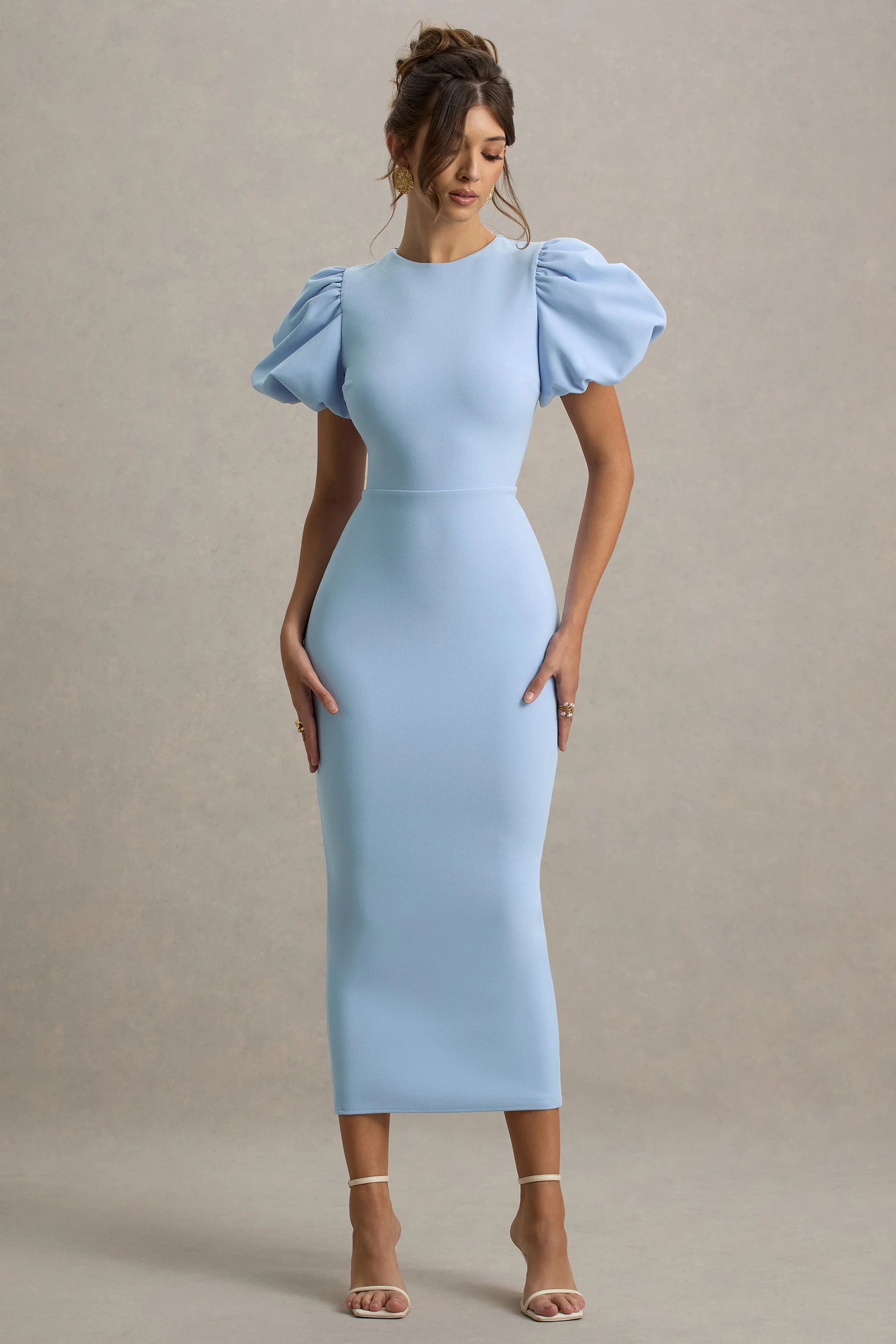 Dakota | Robe Mi-Longue Bleu Poudré à Manches Bouffantes - Image 4