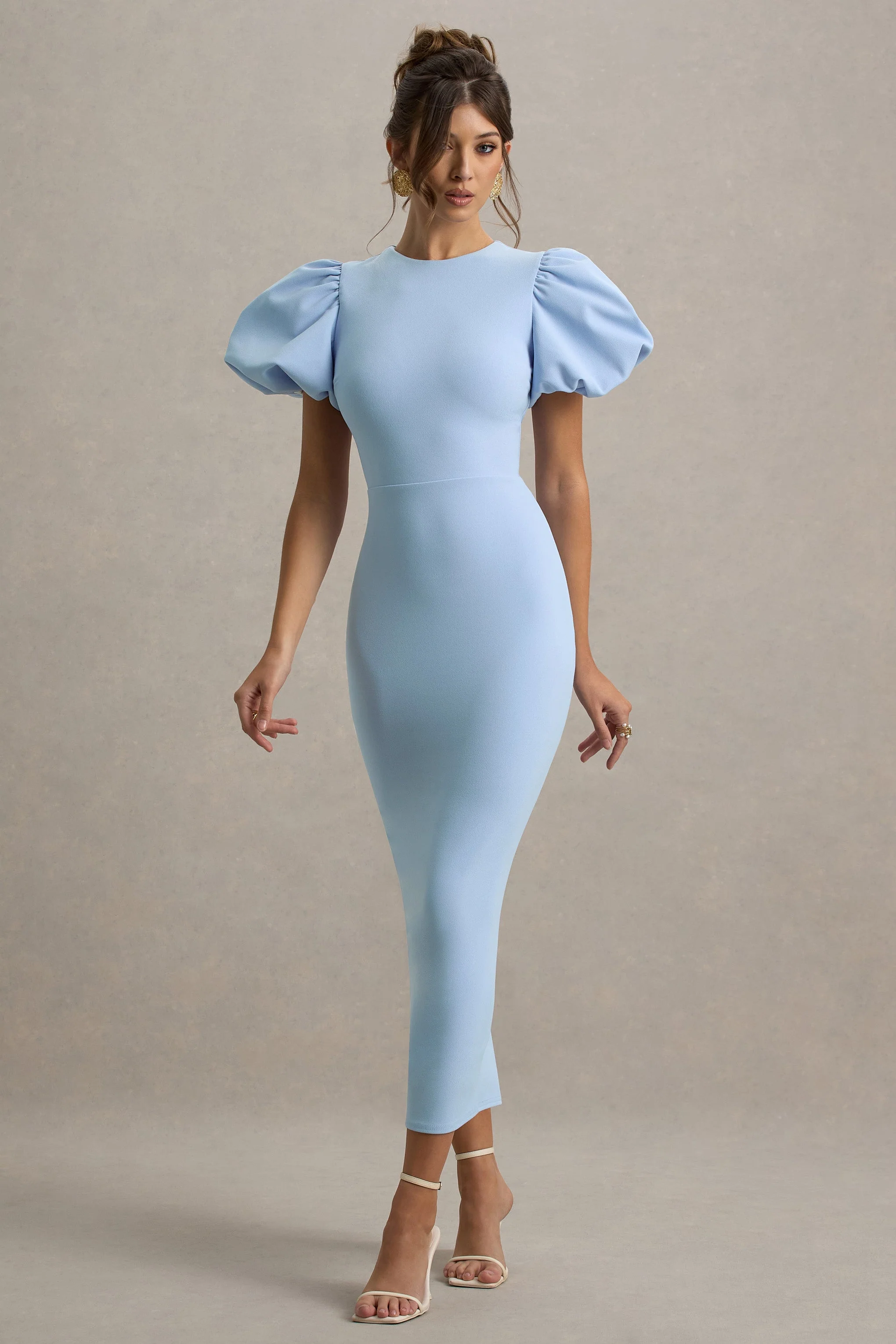 Dakota | Robe Mi-Longue Bleu Poudré à Manches Bouffantes - Image 5