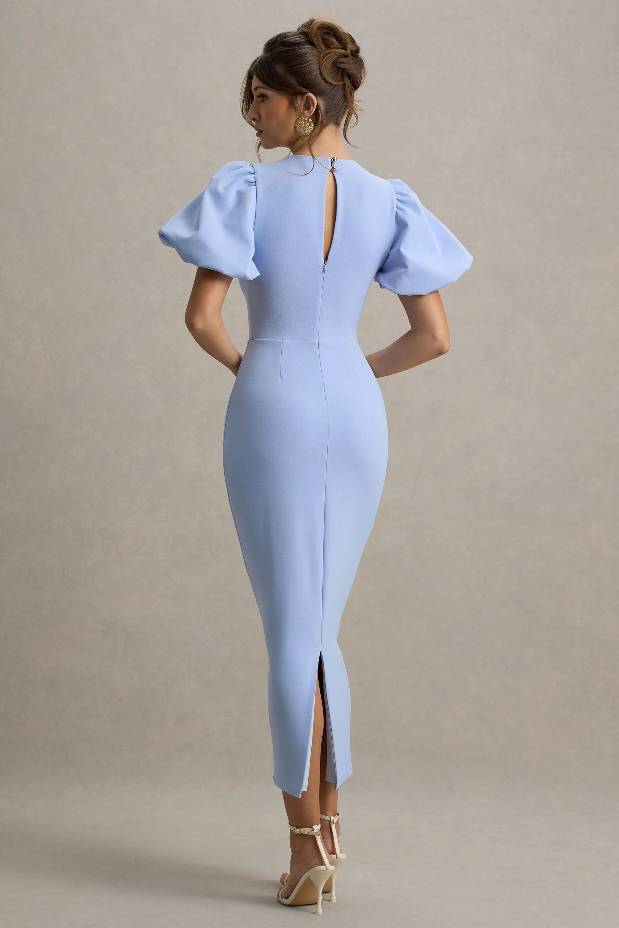 Dakota | Robe Mi-Longue Bleu Poudré à Manches Bouffantes - Image 8